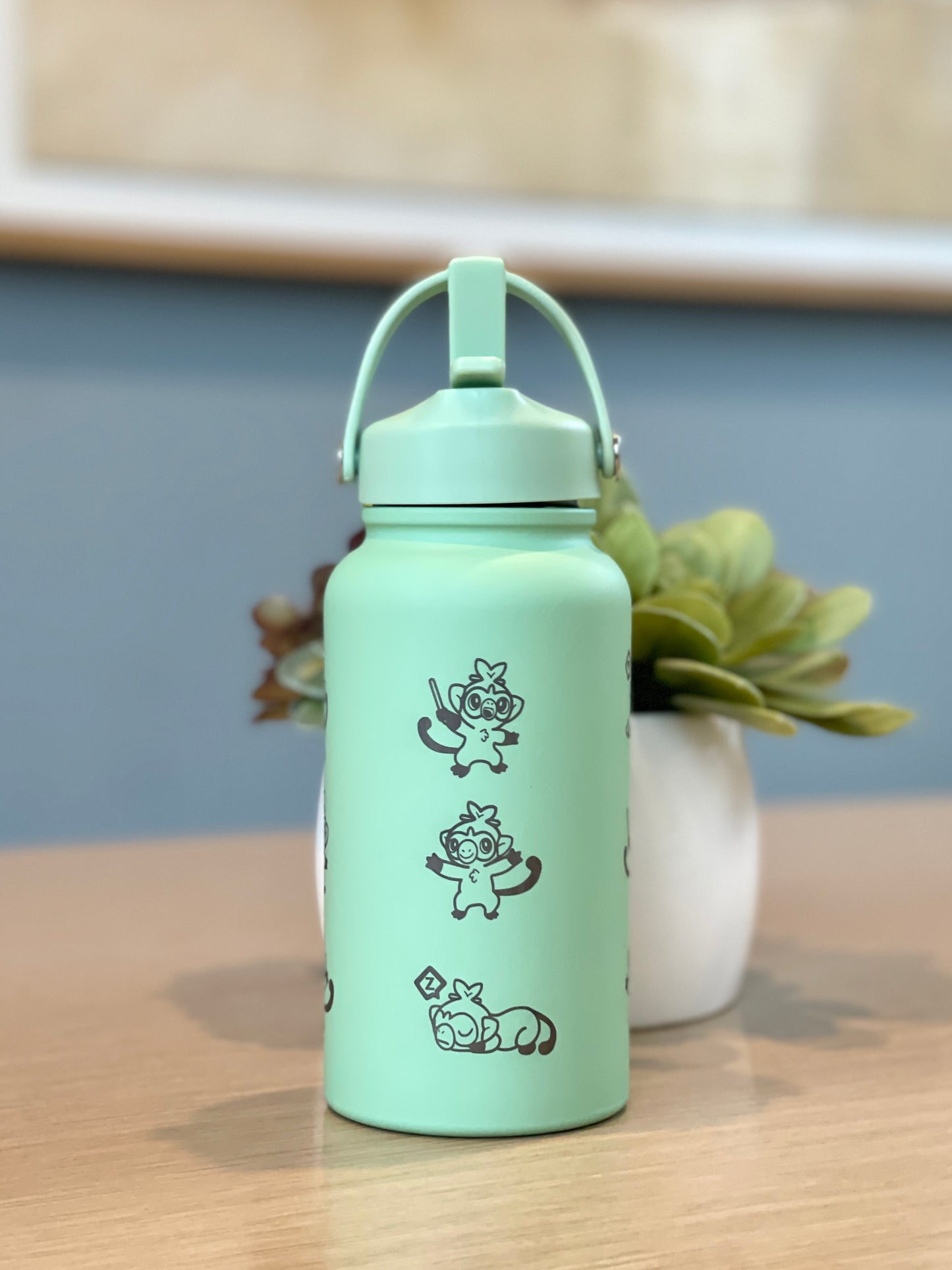 Grookey Water Bottle Engraved Coffee Tumbler with Sleeping & Angry Grookey, Grass Starter Thermos Anime Fan Birthday Gift