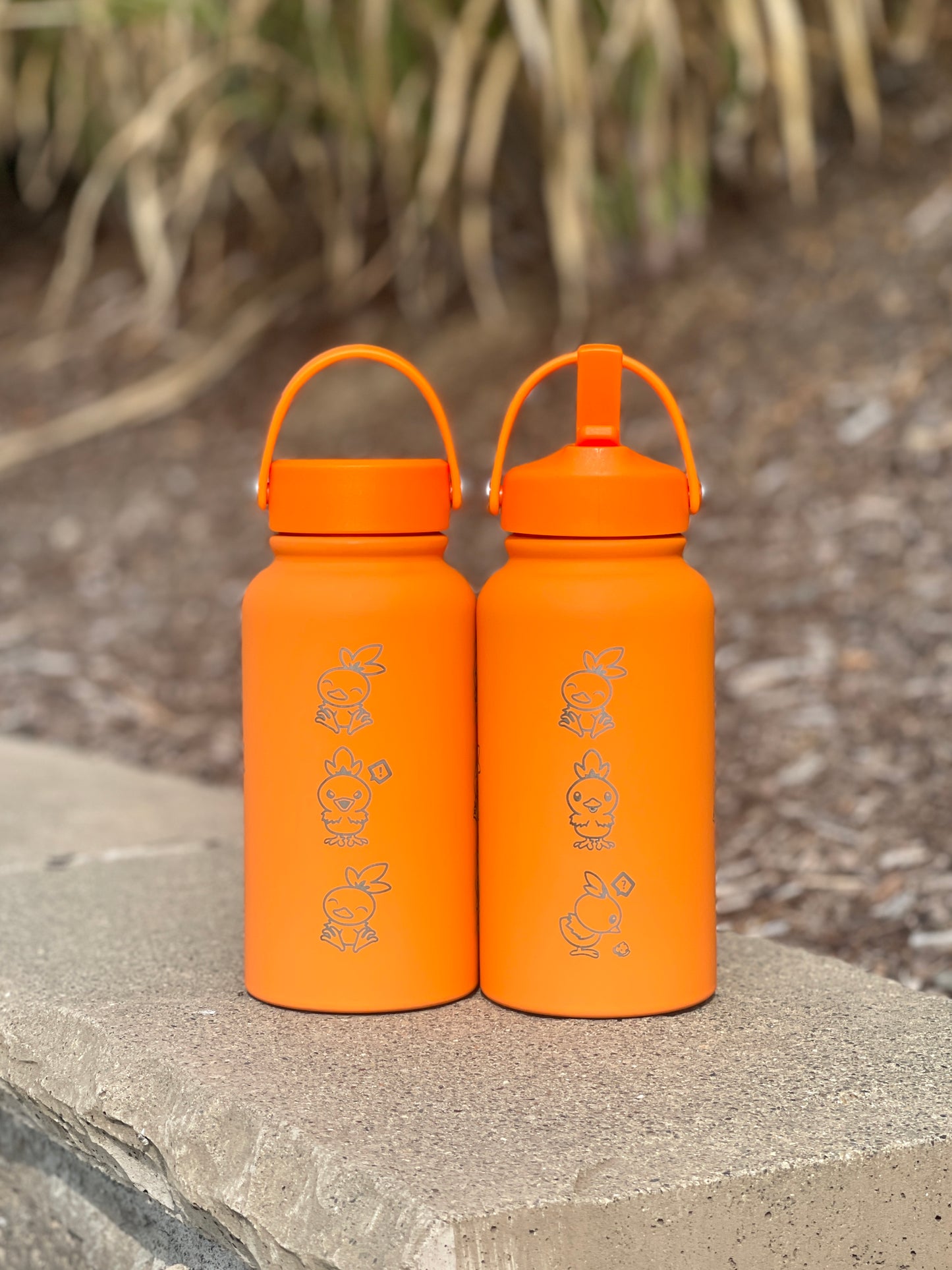Torchic Water Bottle Engraved Coffee Tumbler with Mystery Dungeon Scarf & Angry Torchic, Waterbottle Travel Mug Anime Fan Birthday Gift