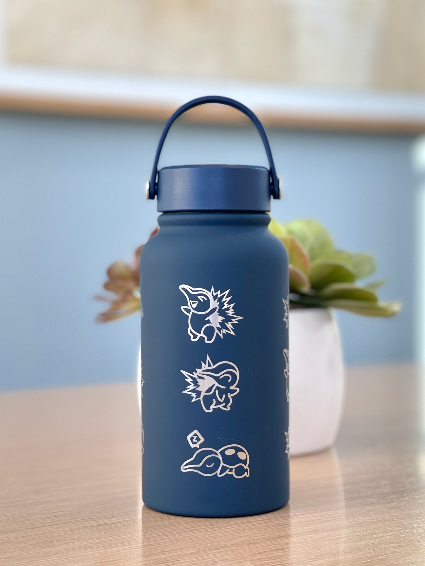 Cyndaquil Water Bottle Engraved Water Bottle with Mystery Dungeon Scarf & Sleeping Cyndaquil, Johto Fire Starter Coffee Tumbler Travel Mug, Gamer Anniversary Gift