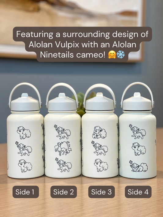 Alolan Vulpix Ninetails Water Bottle Engraved Coffee Tumbler Waterbottle, Snowy Egg & Sleeping Vulpix Thermos Anime Fan Anniversary Gift