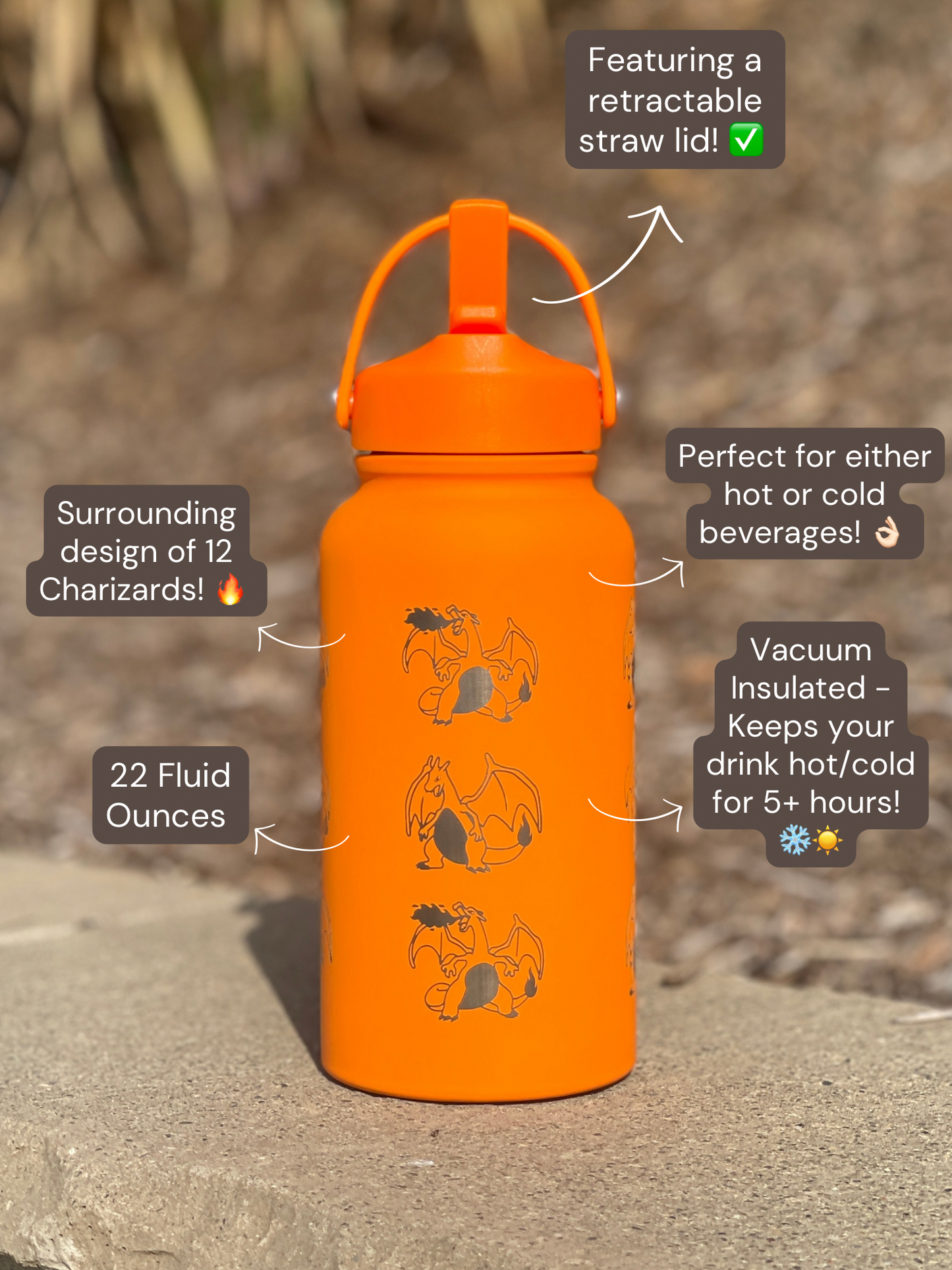 Charizard Water Bottle Engraved Straw Waterbottle with Mega Charizard Y, Kanto Starter Coffee Tumbler Thermos Flask, Gamer Anniversary Gift
