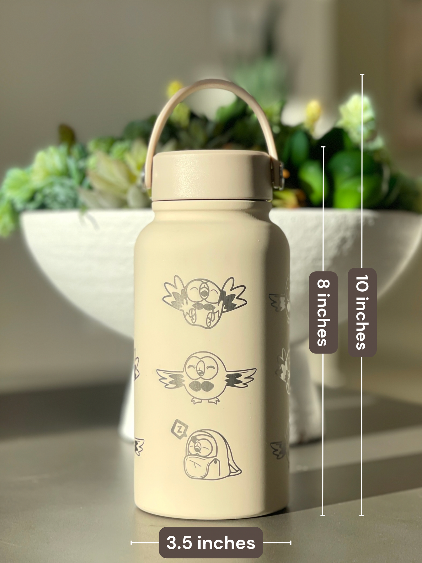 Rowlet Water Bottle Engraved Waterbottle, Alolan Grass Starter Coffee Tumbler Thermos Travel Mug, Cute Owl Gamer Anniversary Gift