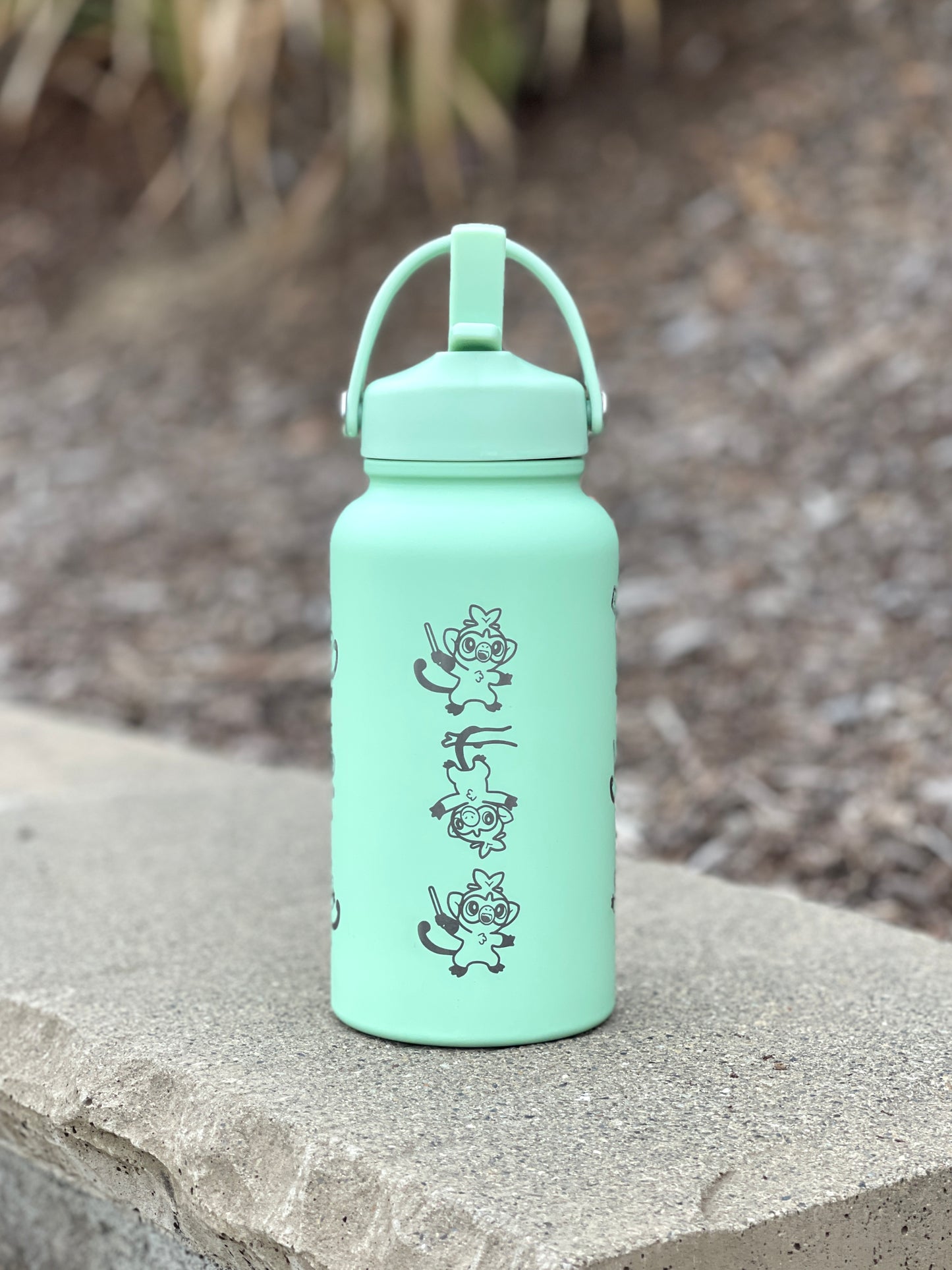 Grookey Water Bottle Engraved Coffee Tumbler with Sleeping & Angry Grookey, Grass Starter Thermos Anime Fan Birthday Gift