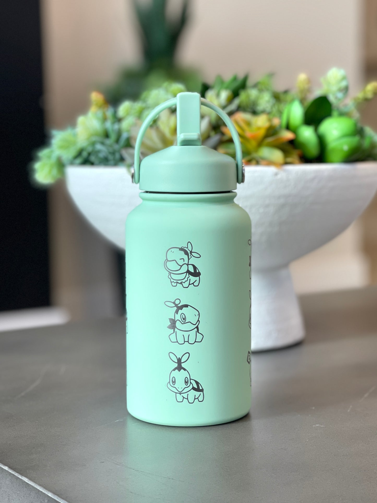 Turtwig Water Bottle Engraved Coffee Tumbler with Sleeping & Angry Turtwig Maid, Waterbottle, Grass Starter Thermos Anime Fan Birthday Gift