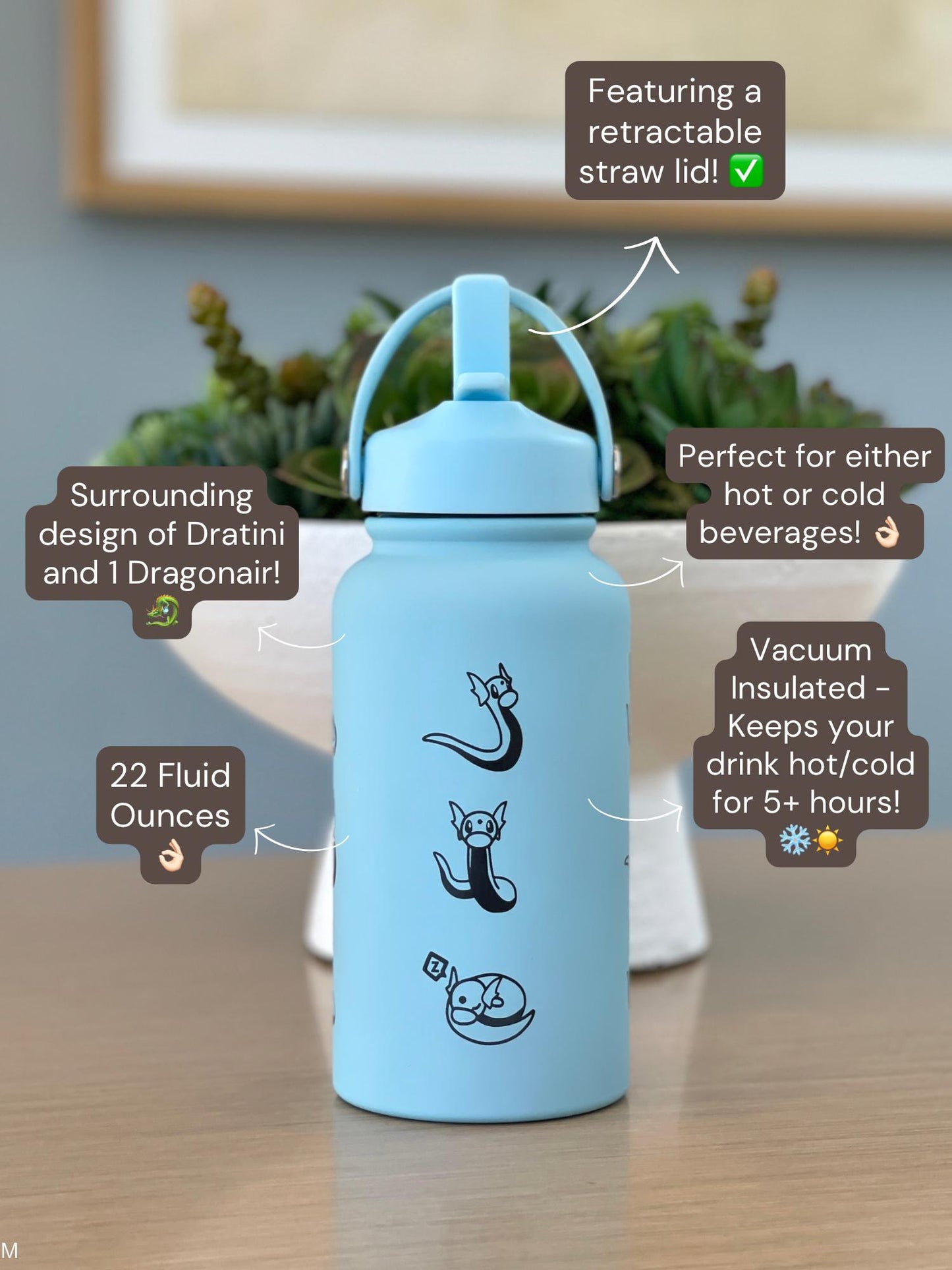 Dratini Dragonair Water Bottle, Laser Engraved Coffee Tumbler with Sleeping Dratini, Anime Dragonite Fan Waterbottle Birthday Gift