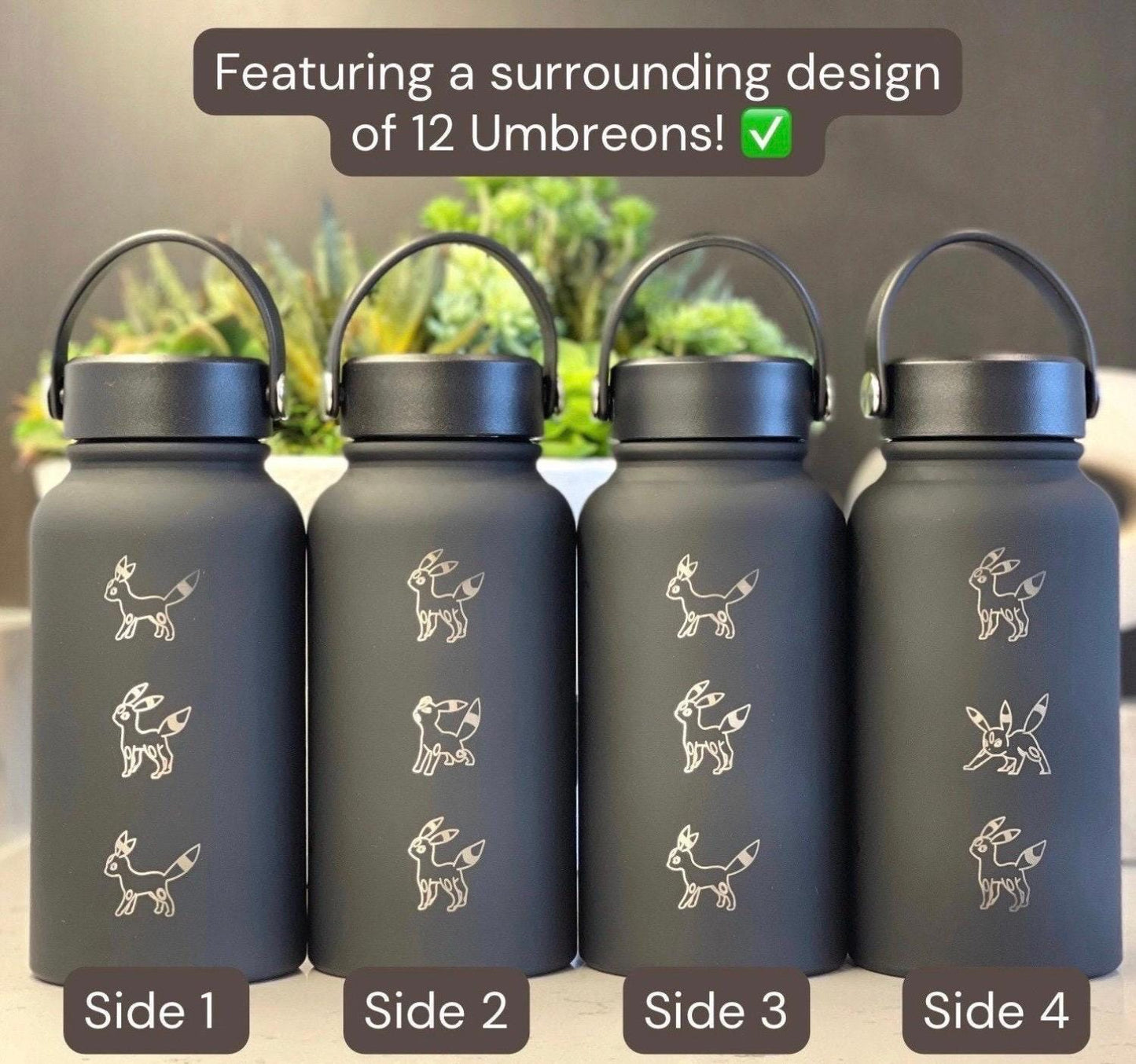 Umbreon Water Bottle Engraved Coffee Tumbler, Eevee Eeveelution Waterbottle Thermos, Anime Fan Travel Mug Birthday Anniversary Gift