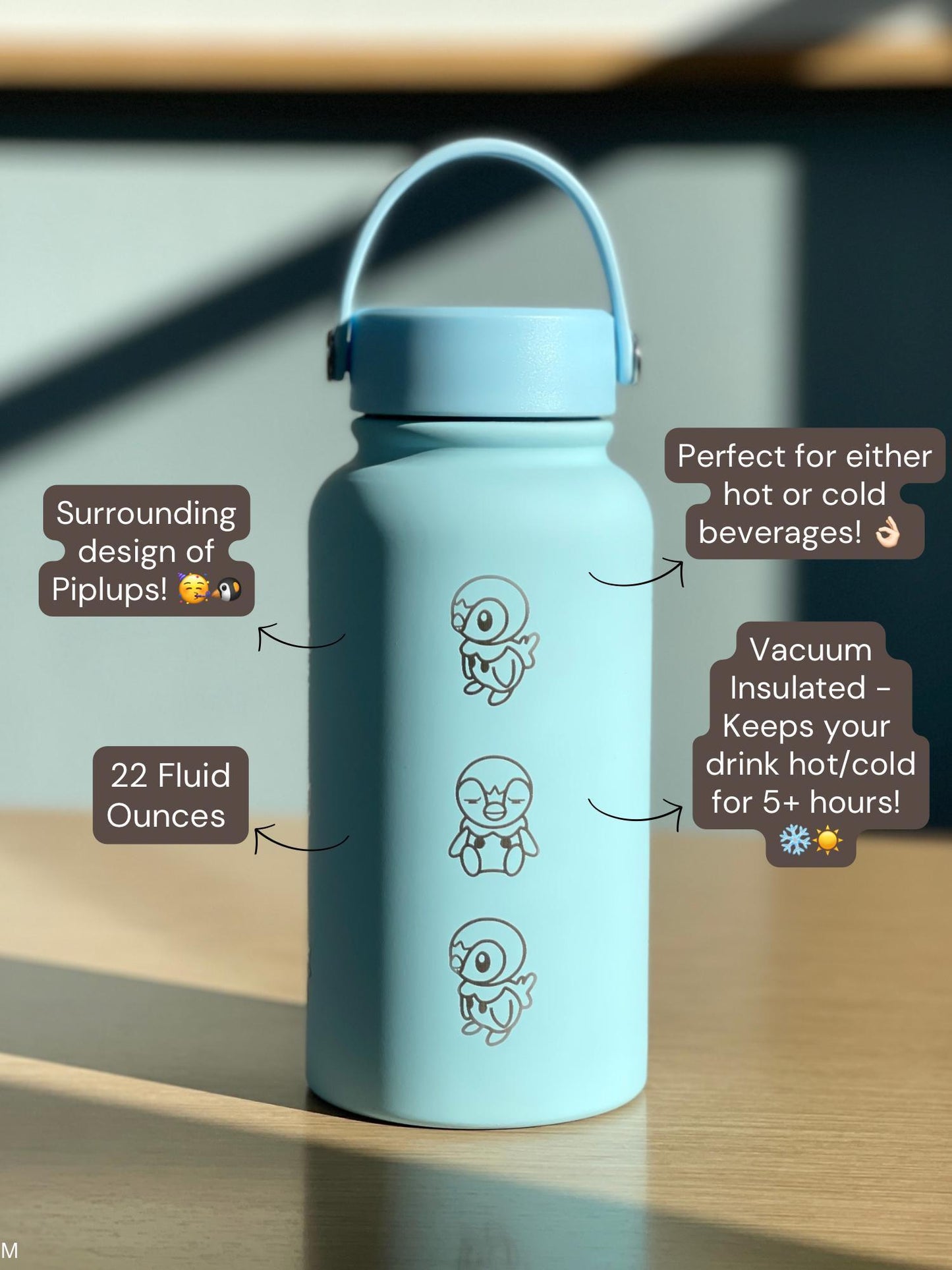 Piplup Water Bottle Engraved Tumbler Thermos, Sinnoh Starter Penguin Anime Gamer Waterbottle, Birthday Tea Coffee Flask Gift For Men Boys