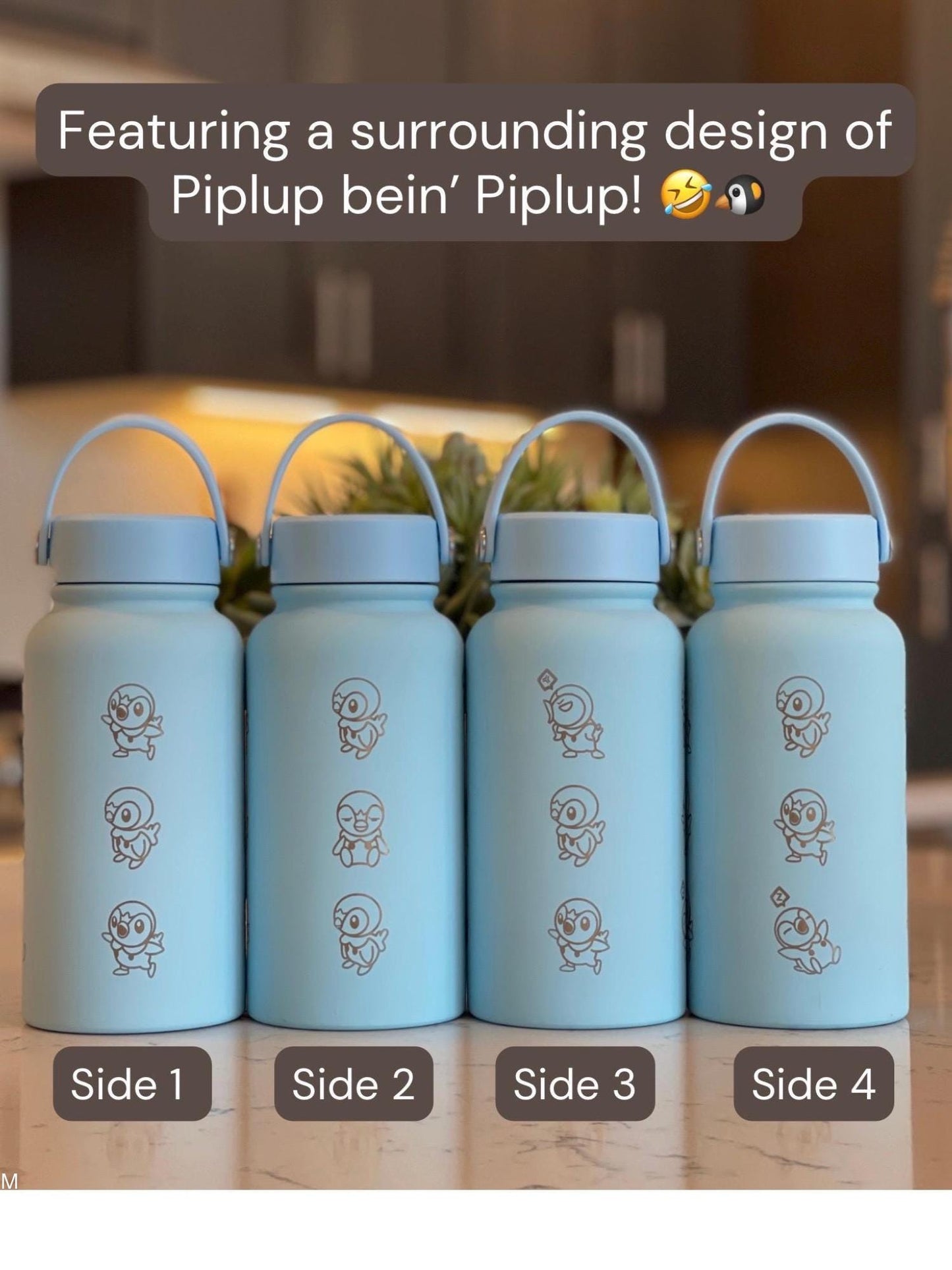Piplup Water Bottle Engraved Tumbler Thermos, Sinnoh Starter Penguin Anime Gamer Waterbottle, Birthday Tea Coffee Flask Gift For Men Boys