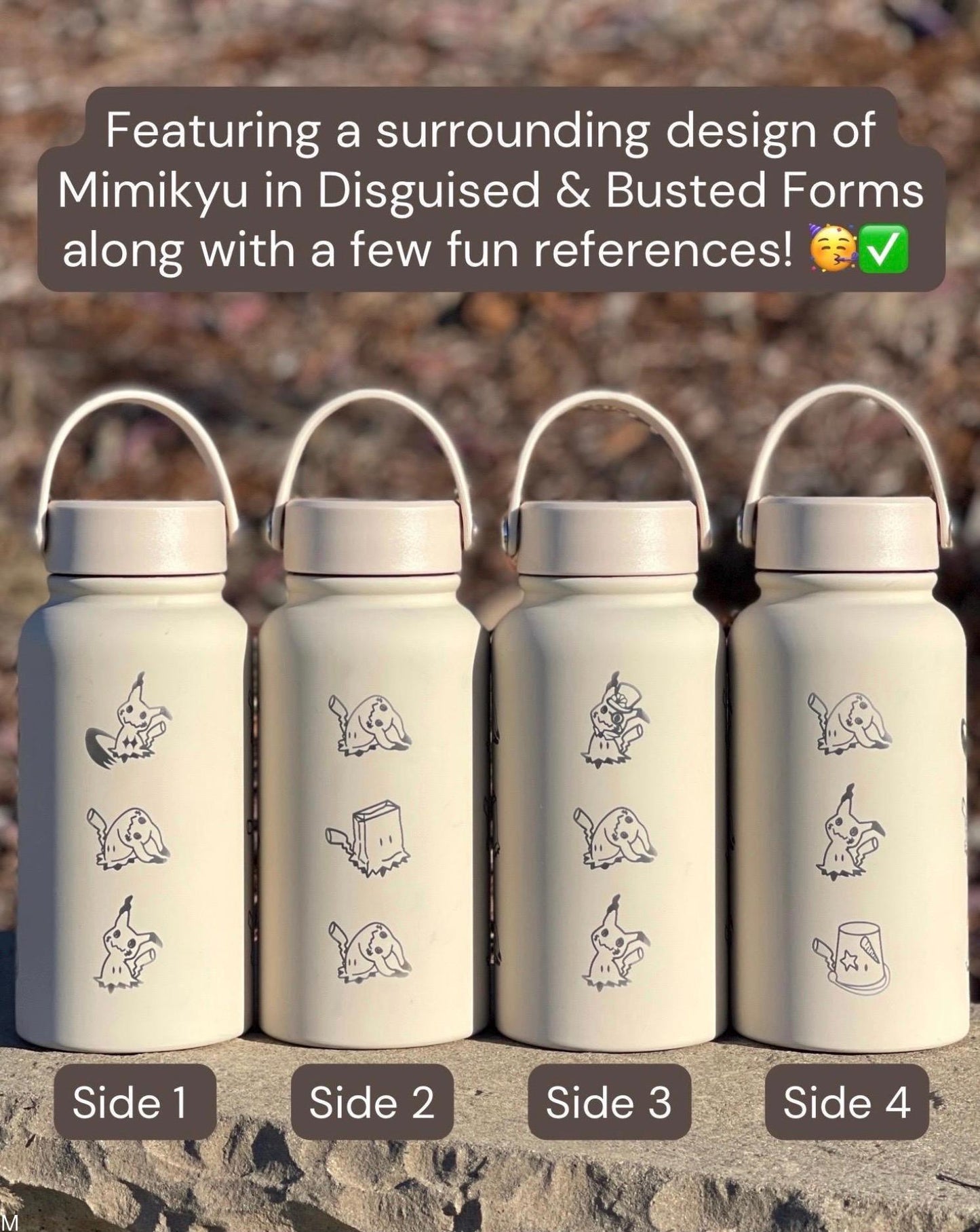 Mimikyu Water Bottle Engraved Coffee Tumbler with Disguised & Busted Form, Unite Noble Style Dapper Hat, Jesse’s Mimikyu Waterbottle Thermos