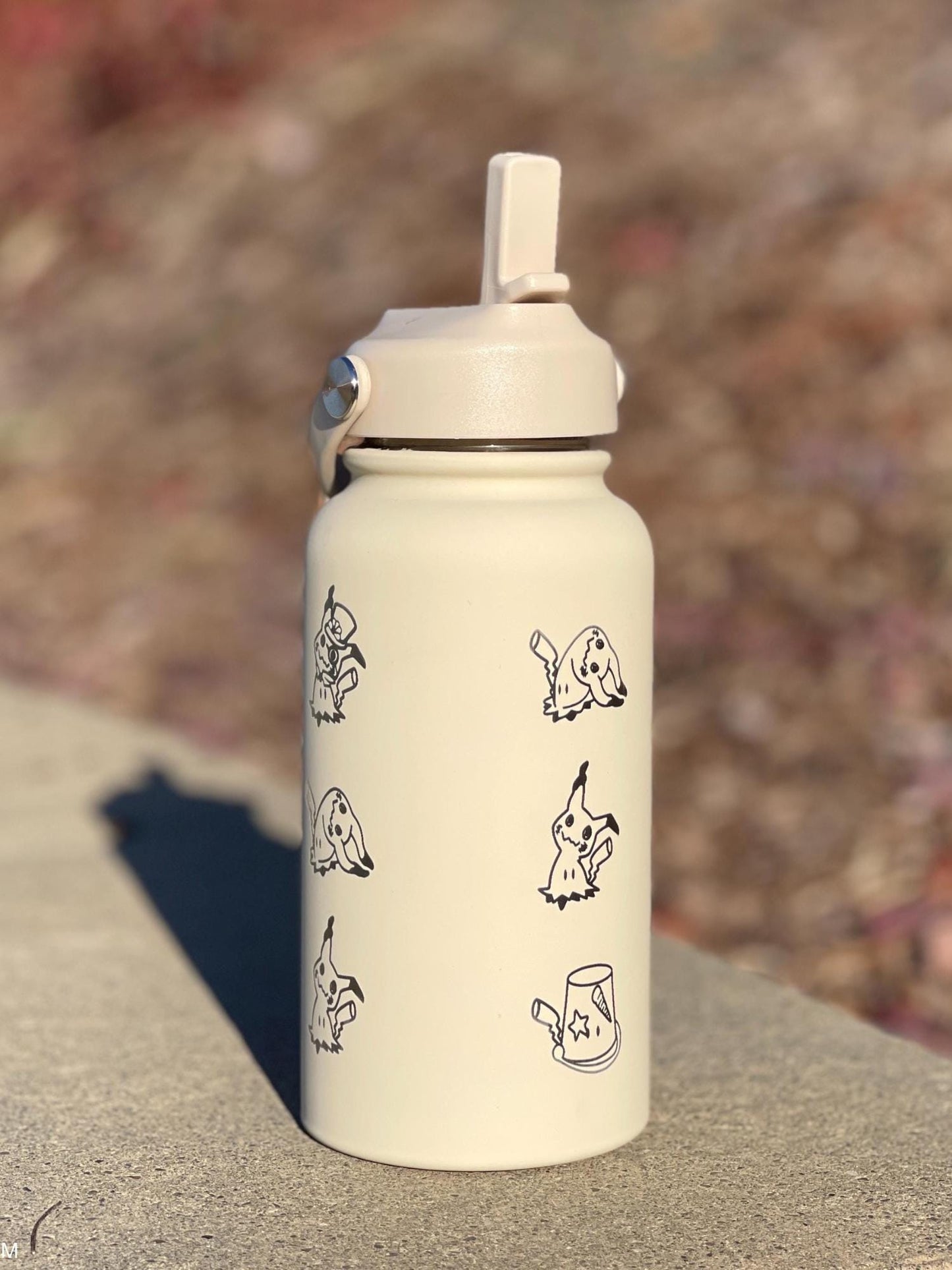 Mimikyu Water Bottle Engraved Coffee Tumbler with Disguised & Busted Form, Unite Noble Style Dapper Hat, Jesse’s Mimikyu Waterbottle Thermos