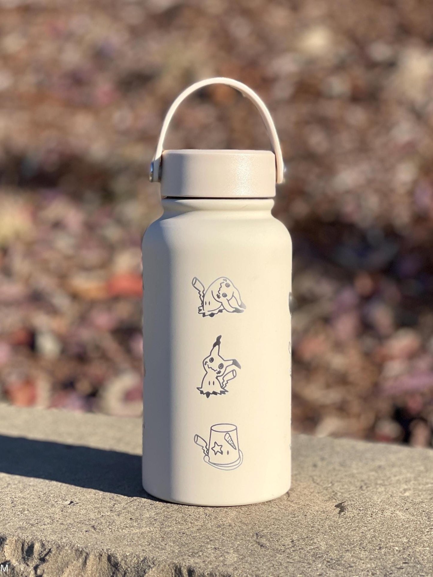 Mimikyu Water Bottle Engraved Coffee Tumbler with Disguised & Busted Form, Unite Noble Style Dapper Hat, Jesse’s Mimikyu Waterbottle Thermos