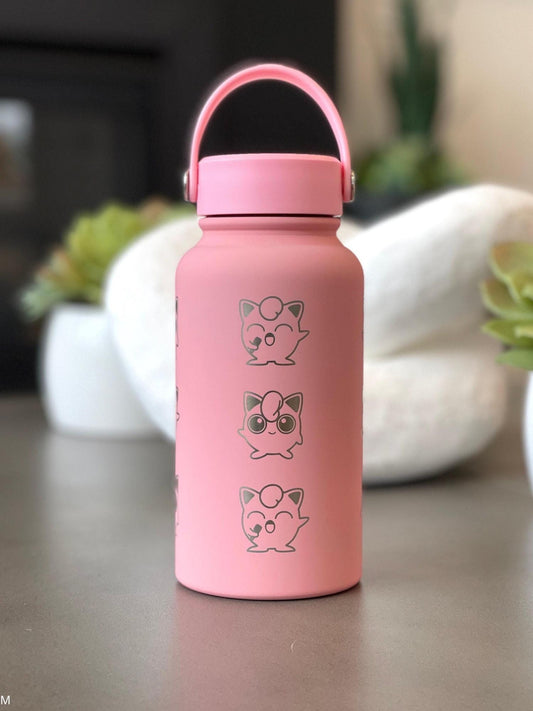 Jigglypuff Waterbottle Coffee Tumbler with Mic Singing and Angry Jigglypuff with Marker, Funny Cute Anime Travel Mug Cup Birthday Gifts