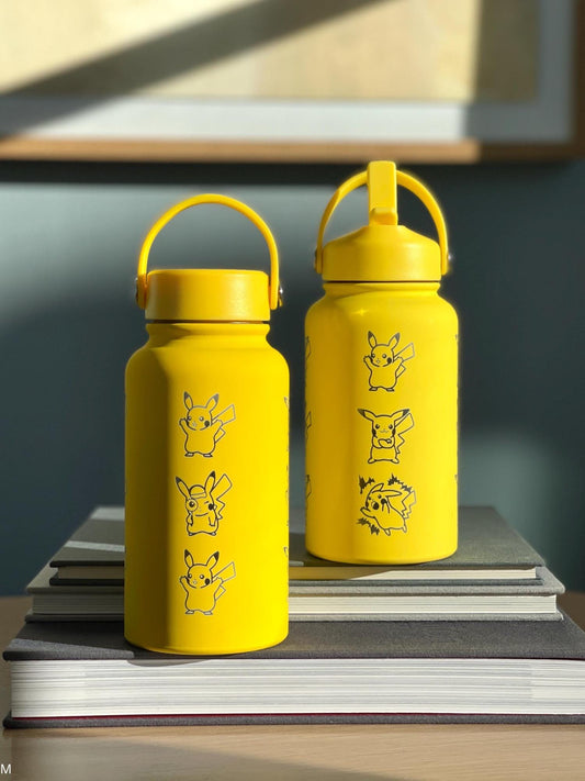 Pikachu Water Bottle with Captain & Detective Pikachu Volt Tackle, Engraved Waterbottle Coffee Tumbler Thermos, Anime Fan Birthday Gift