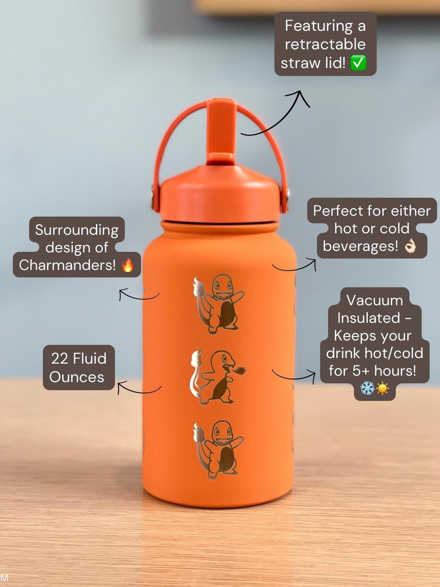 Charmander Water Bottle Engraved Coffee Tea Tumbler with Sleeping Charmander Leaf, Fire Kanto Starter Waterbottle, Gamer Birthday Gift
