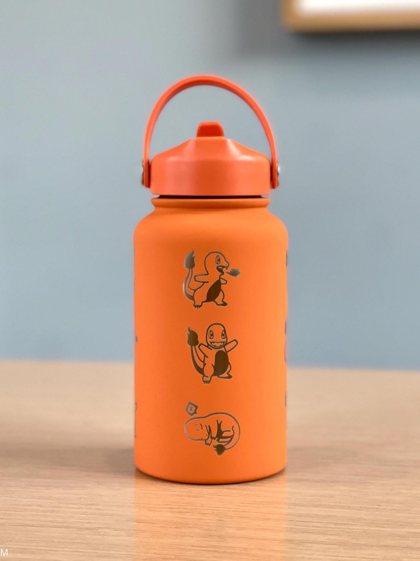 Charmander Water Bottle Engraved Coffee Tea Tumbler with Sleeping Charmander Leaf, Fire Kanto Starter Waterbottle, Gamer Birthday Gift