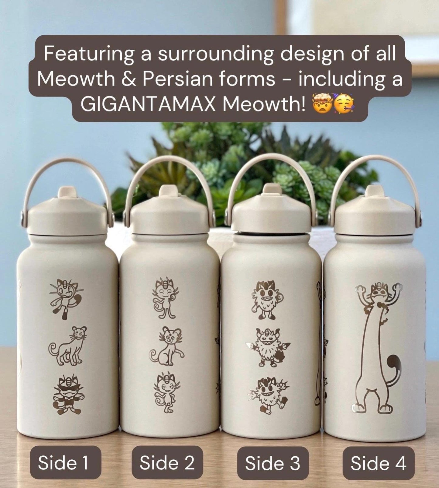 Meowth Persian Water Bottle Engraved Coffee Tumbler with Perrserker Alolan Galarian & Gigantamax Versions, Team Rocket Waterbottle Gift