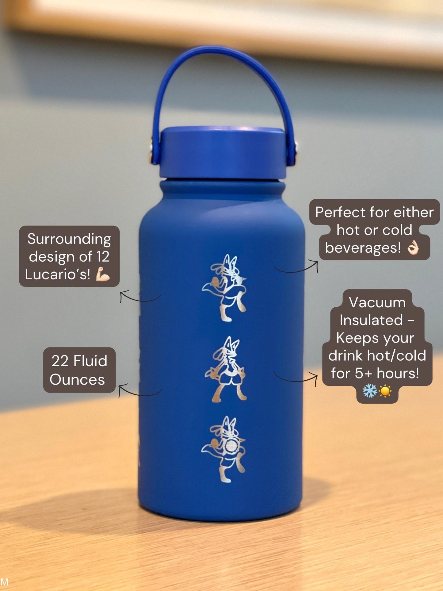 Lucario Water Bottle Engraved Coffee Tumbler with Mega Lucario and Aura Sphere, Tea Thermos Waterbottle, Sinnoh Anime Fan Birthday Gift