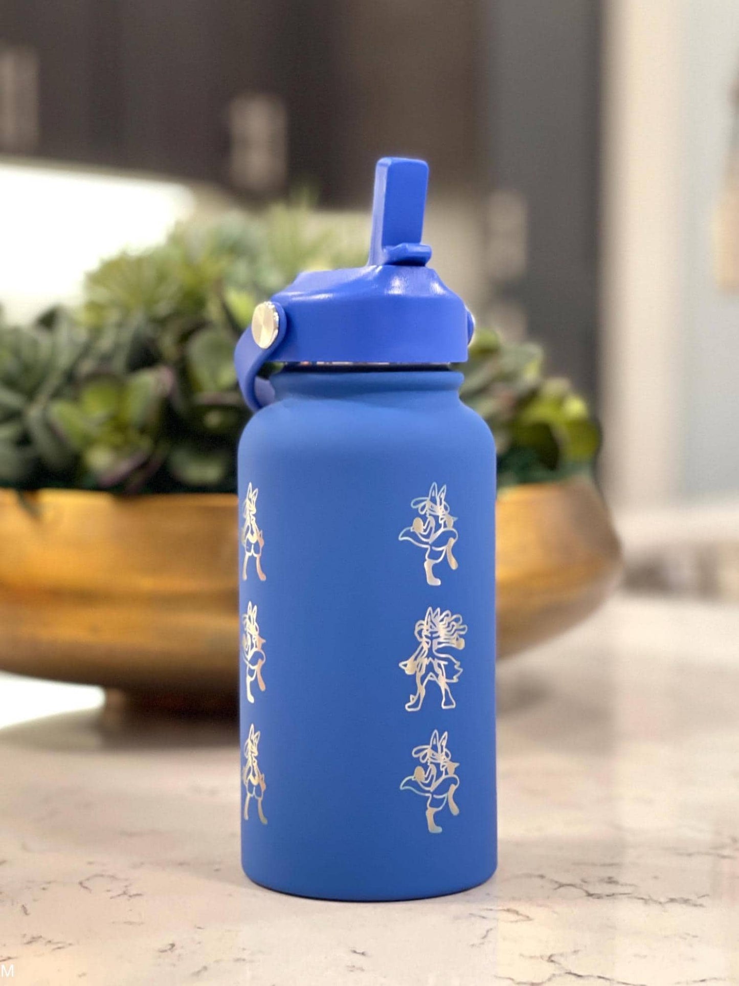 Lucario Water Bottle Engraved Coffee Tumbler with Mega Lucario and Aura Sphere, Tea Thermos Waterbottle, Sinnoh Anime Fan Birthday Gift