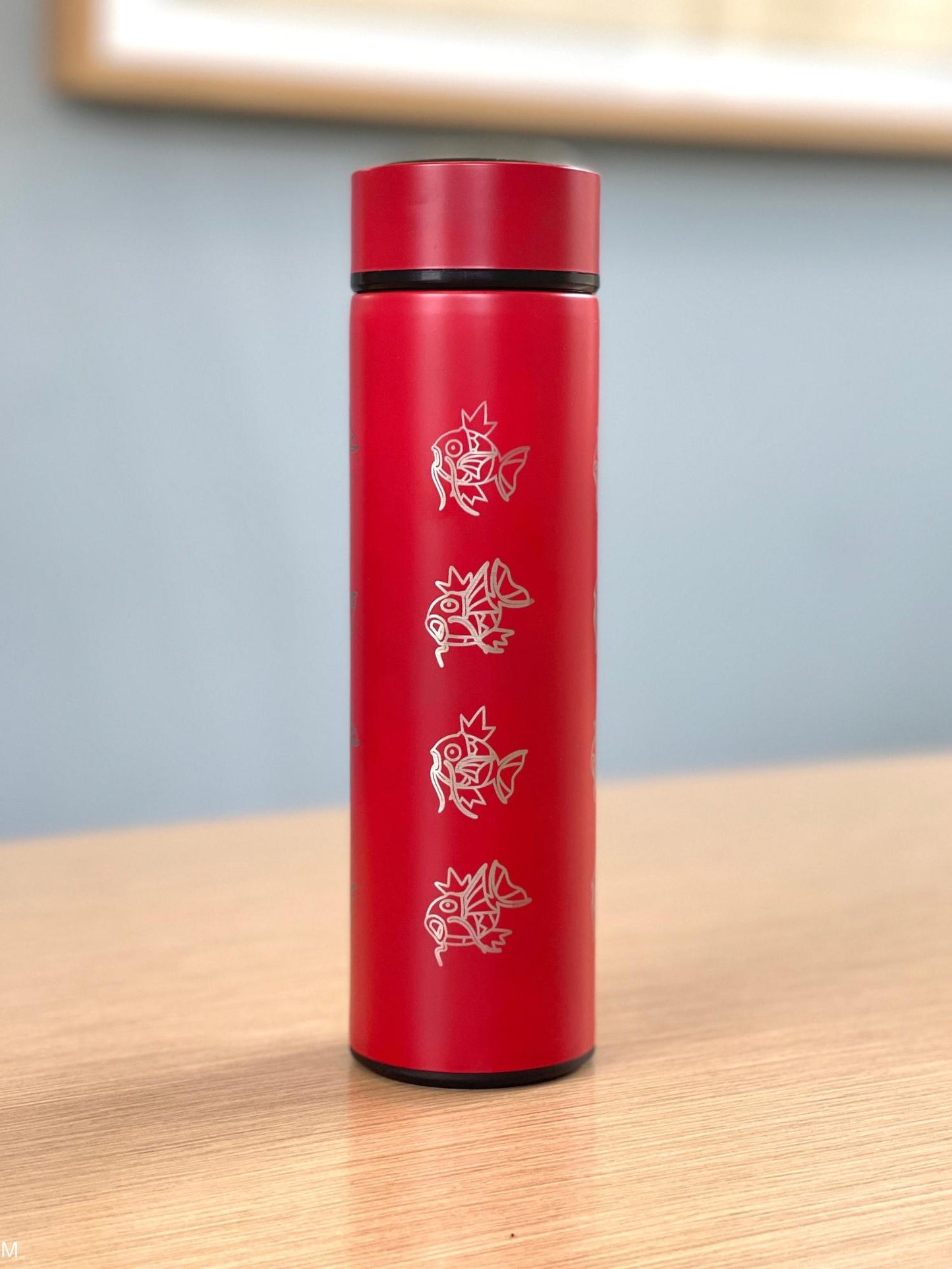 Magikarp Coffee Tumbler, Engraved Water Bottle with Tea Infuser, Cute Meme Waterbottle Travel Mug Thermos Flask, Anime Fan Birthday Gift