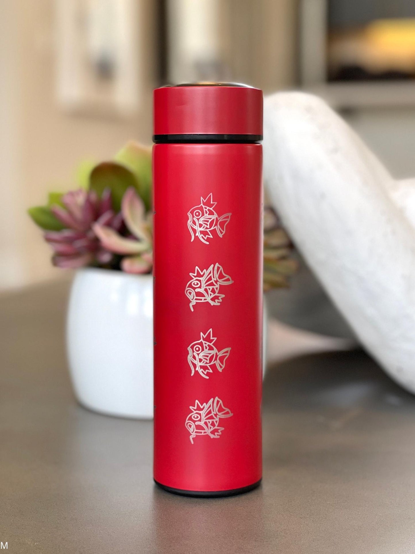 Magikarp Coffee Tumbler, Engraved Water Bottle with Tea Infuser, Cute Meme Waterbottle Travel Mug Thermos Flask, Anime Fan Birthday Gift
