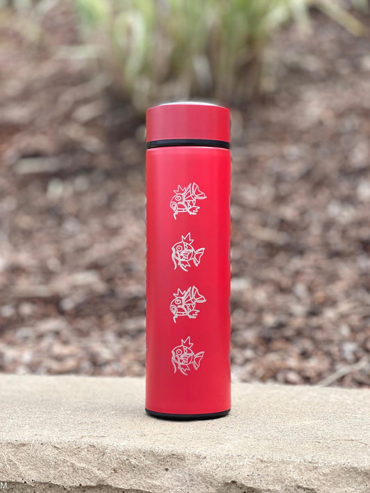 Magikarp Coffee Tumbler, Engraved Water Bottle with Tea Infuser, Cute Meme Waterbottle Travel Mug Thermos Flask, Anime Fan Birthday Gift