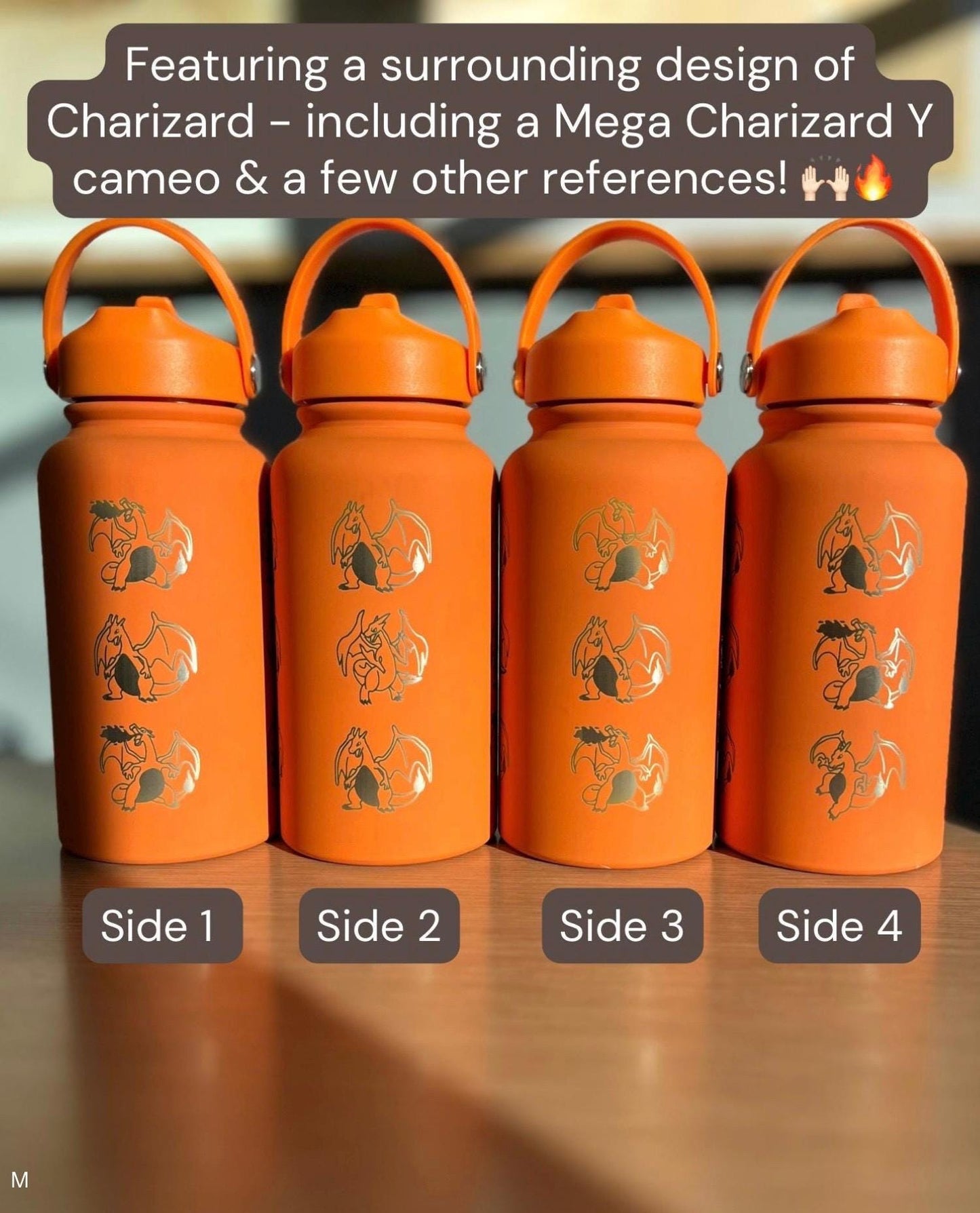 Charizard Water Bottle Engraved Straw Waterbottle with Mega Charizard Y, Kanto Starter Coffee Tumbler Thermos Flask, Gamer Anniversary Gift