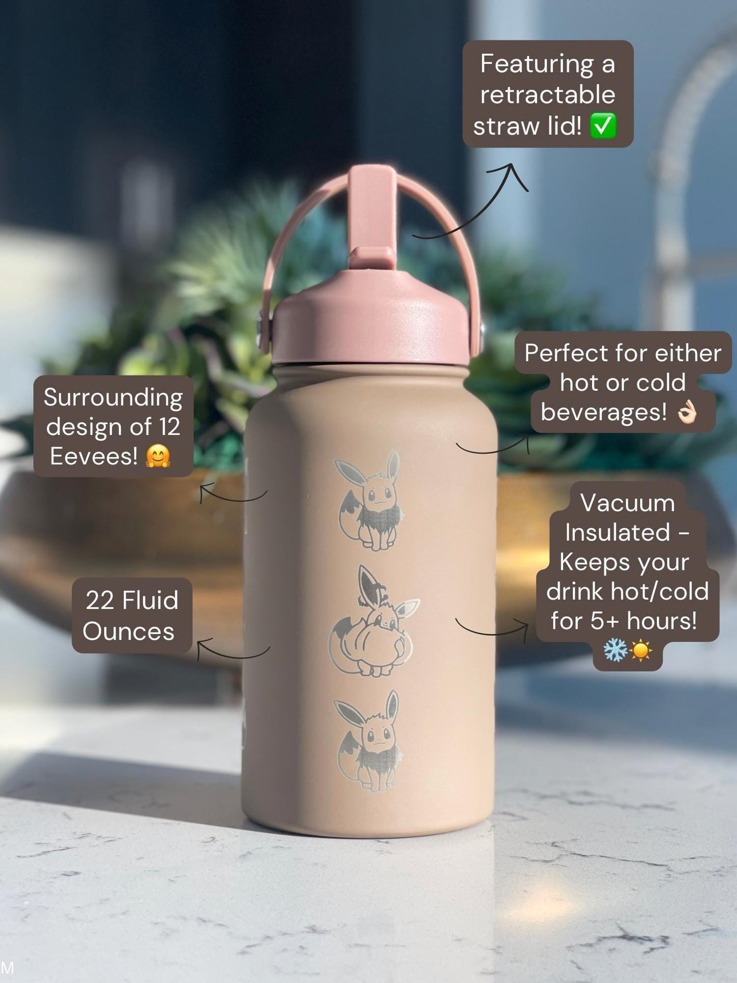 Eevee Engraved Water Bottle, Straw Waterbottle with Gigantamax & Fluffy Shaggy Hair Lana’s Eevee Coffee Tumbler, Anime Fan Birthday Gift