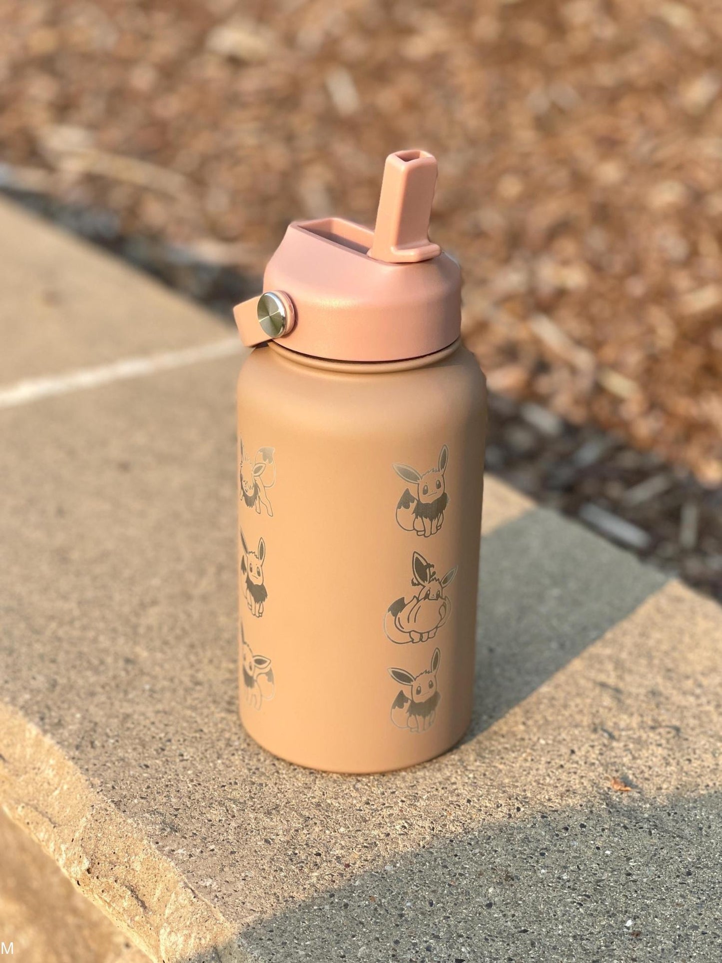 Eevee Engraved Water Bottle, Straw Waterbottle with Gigantamax & Fluffy Shaggy Hair Lana’s Eevee Coffee Tumbler, Anime Fan Birthday Gift