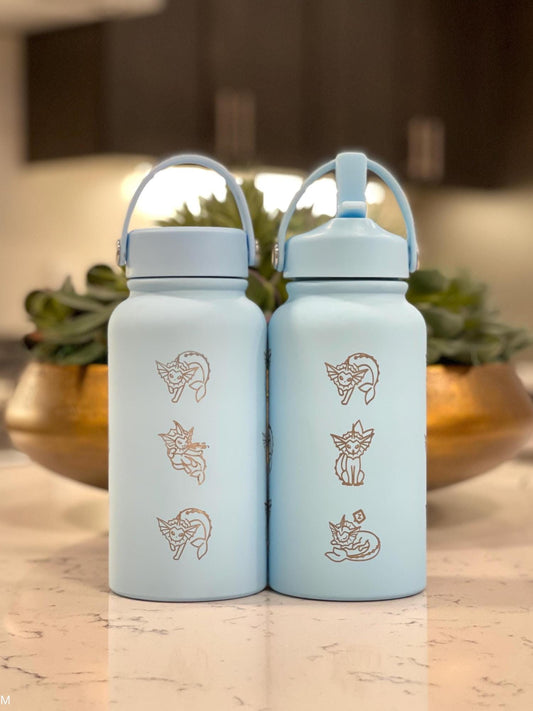 Vaporeon Water Bottle Coffee Tumbler with Sleeping Vaporeon, Water Gun & Cafe Top Hat Version, Eeveelution Fan Waterbottle Anniversary Gift