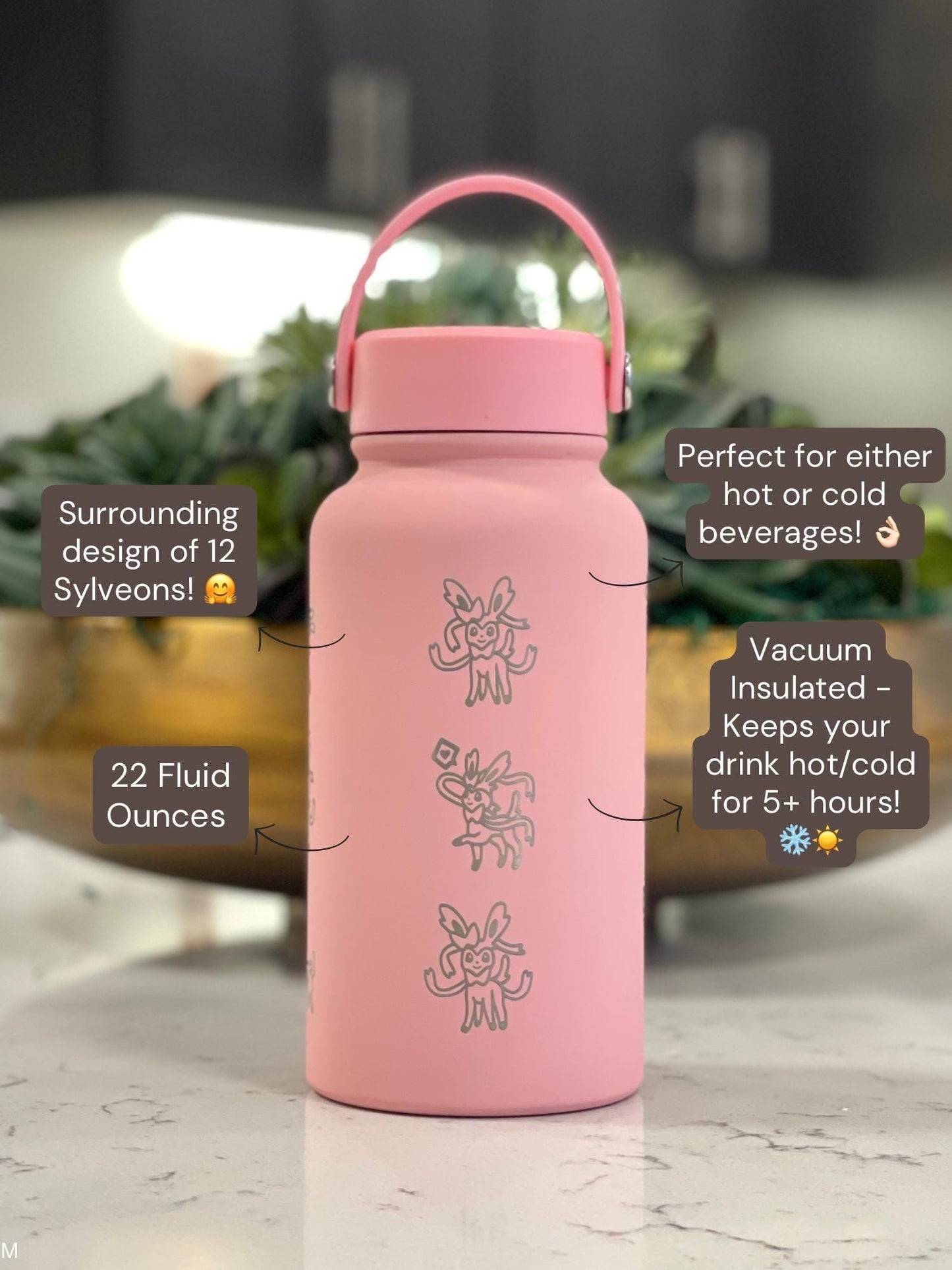 Sylveon Water Bottle Tumbler, Engraved Eevee Evolution Fairy Eeveelution Coffee Tea Thermos Travel Mug Waterbottle, Anime Fan Birthday Gift