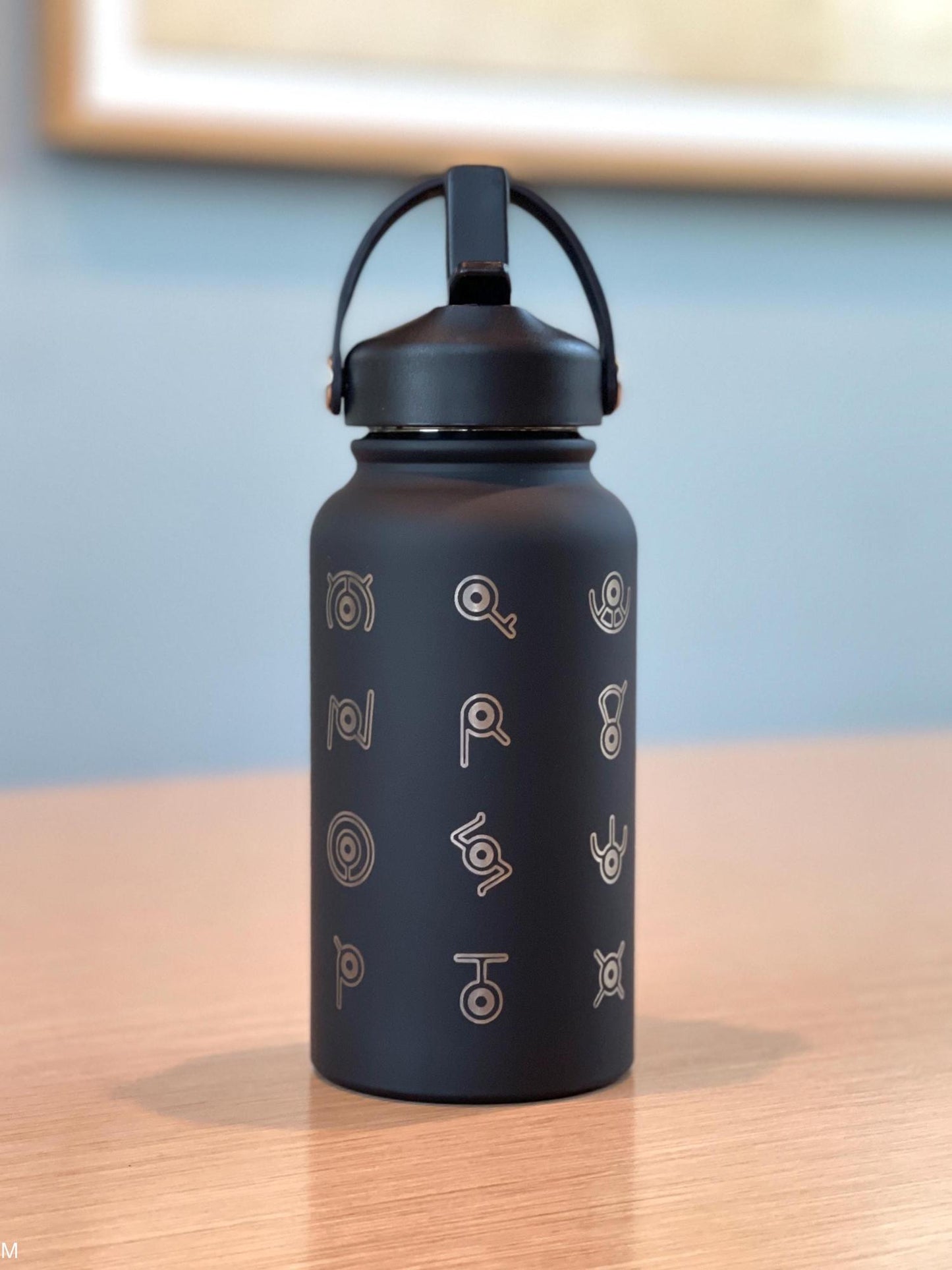 Unown Alphabet Water Bottle, Engraved “28 Unowns” Waterbottle Coffee Tumbler, Unknown Anime Fan Birthday Thermos Travel Mug Flask Gift