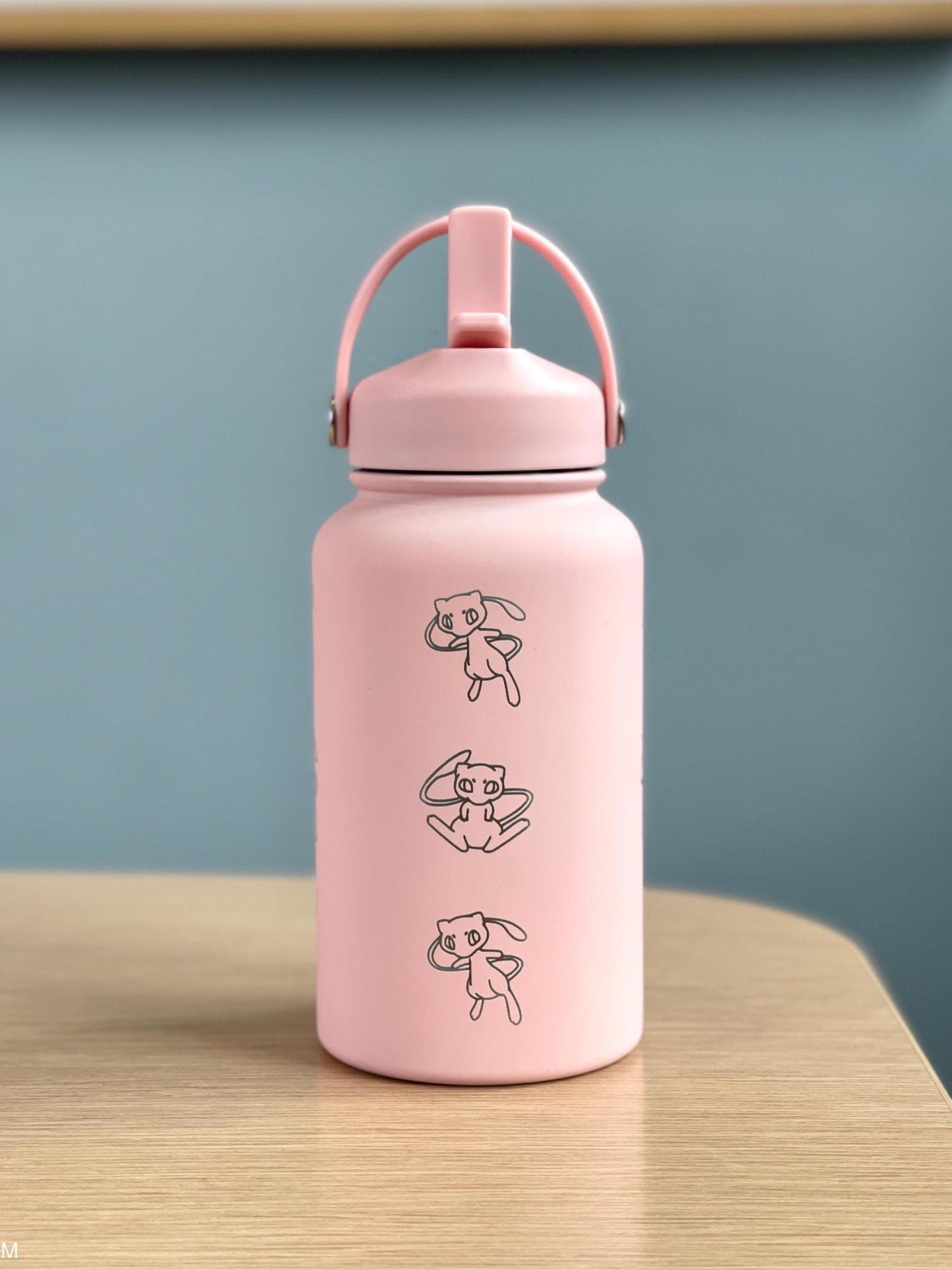 Mew Engraved Waterbottle Coffee Tumbler with Ash Ketchum Hat, Mythical Kanto Thermos Water Bottle Travel Mug Anniversary Birthday Gift