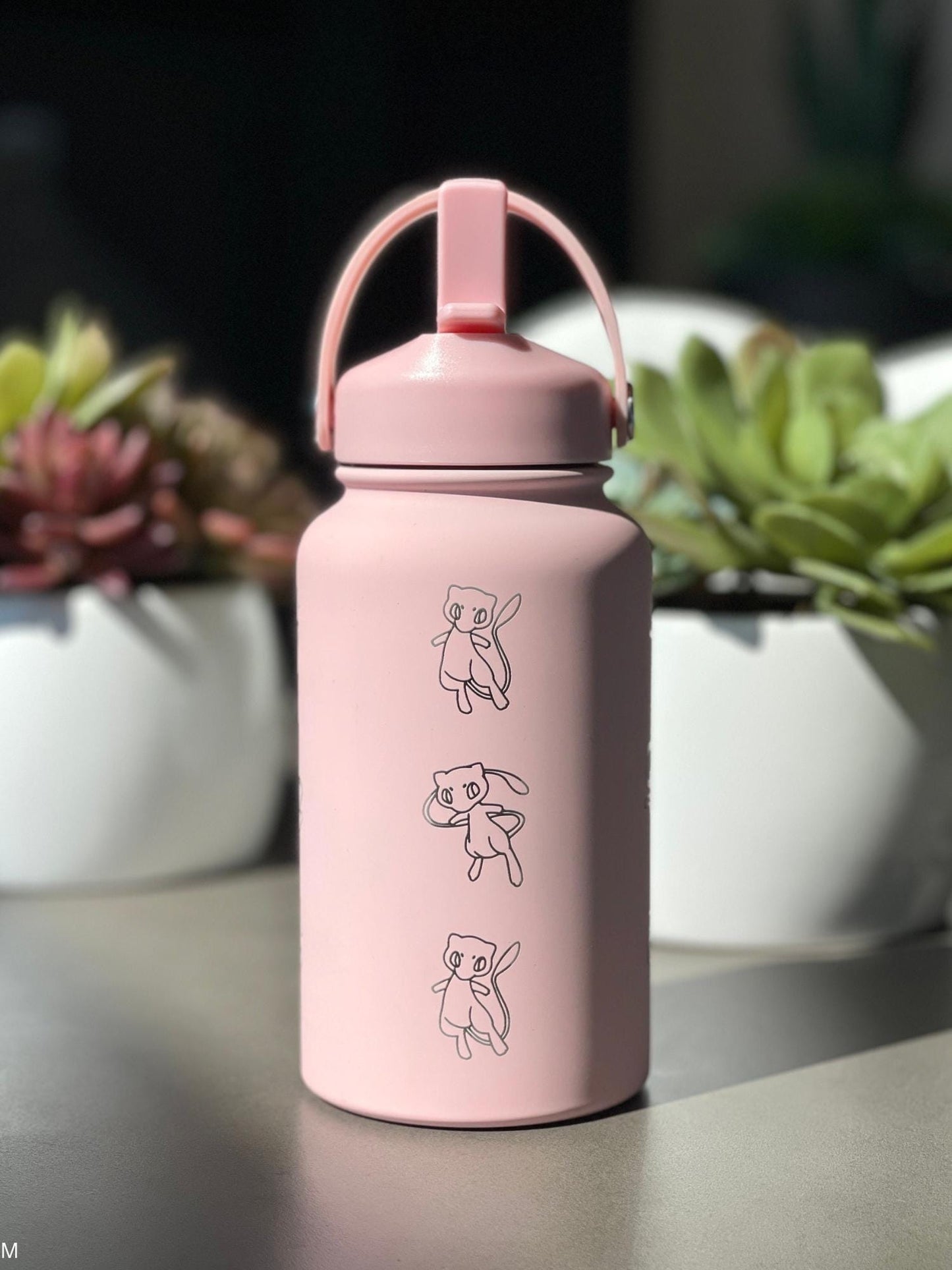 Mew Engraved Waterbottle Coffee Tumbler with Ash Ketchum Hat, Mythical Kanto Thermos Water Bottle Travel Mug Anniversary Birthday Gift