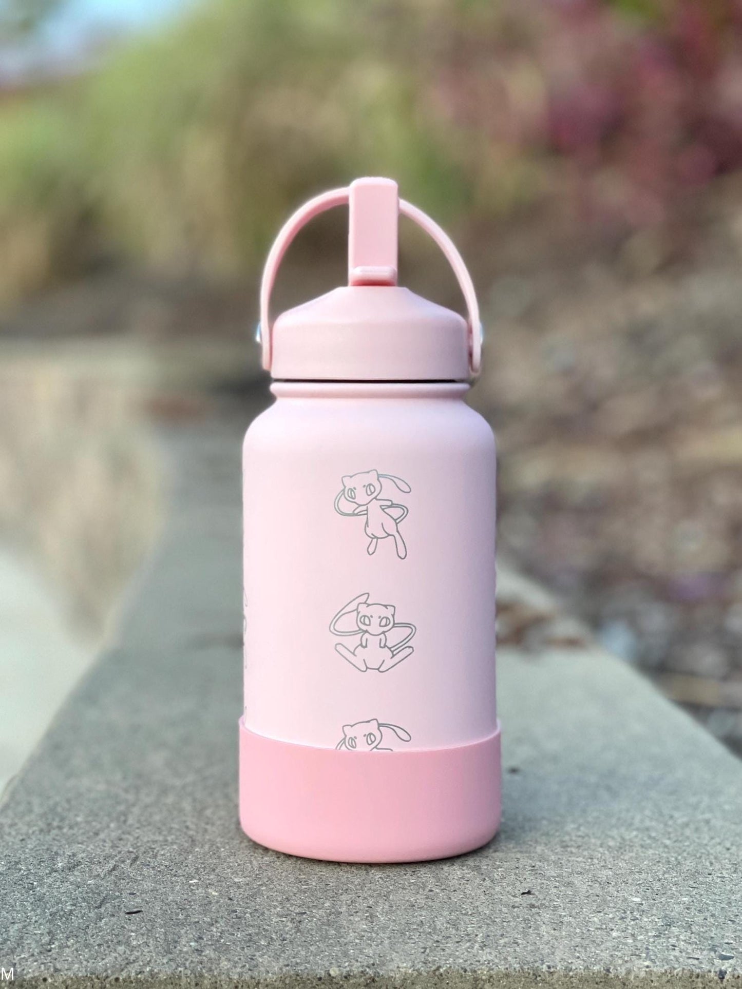 Mew Engraved Waterbottle Coffee Tumbler with Ash Ketchum Hat, Mythical Kanto Thermos Water Bottle Travel Mug Anniversary Birthday Gift