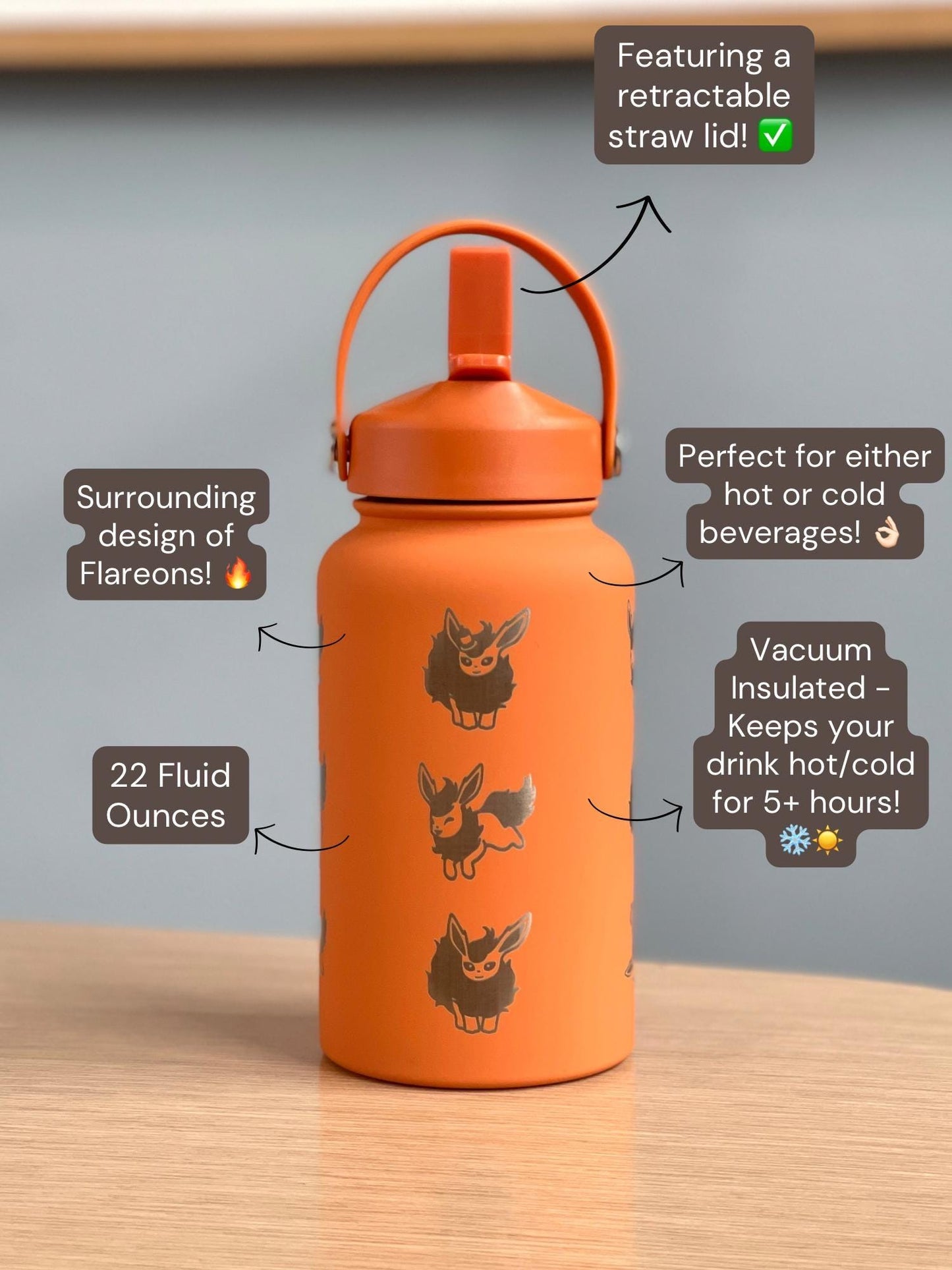 Flareon Water Bottle Engraved Coffee Tumbler with Cafe Top Hat and Flamethrower, Eevee Fire Evolution Waterbottle, Anime Fan Birthday Gift