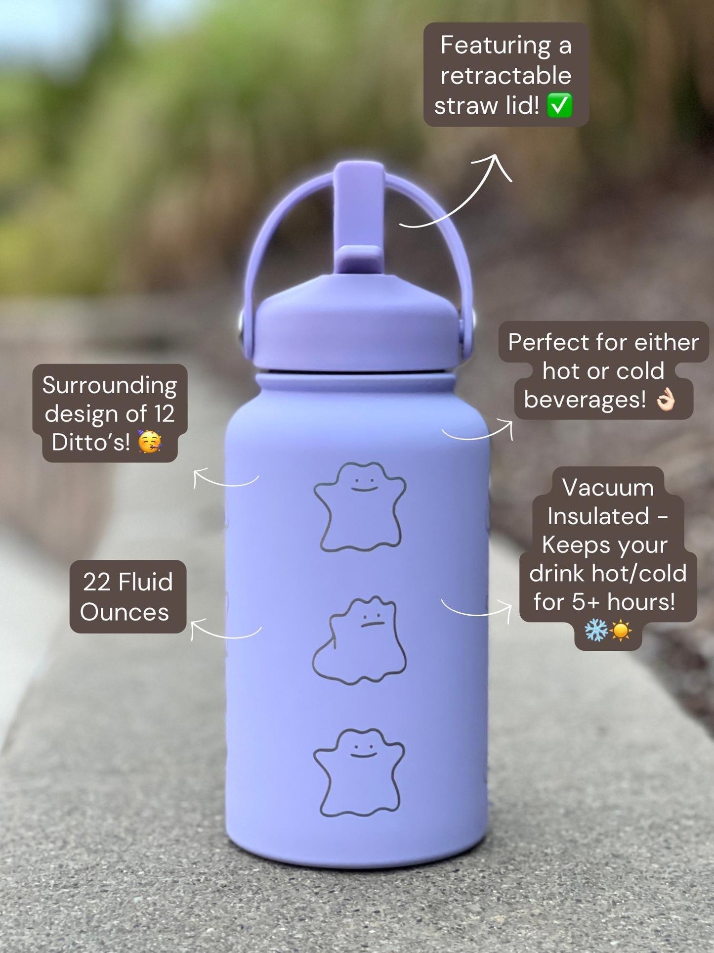 Ditto Water Bottle Engraved Coffee Straw Tumbler Waterbottle with Fake Ditto Squirtle & Eevee, Funny Meme Flask Birthday Anniversary Gift