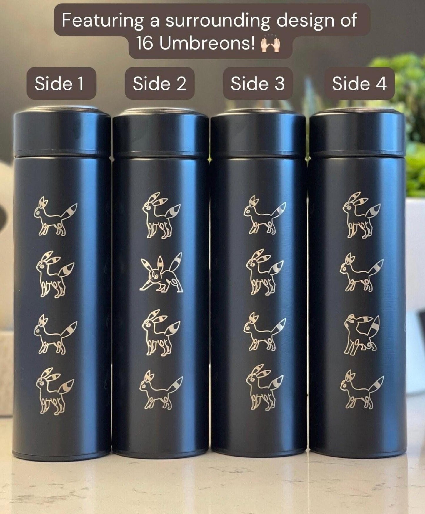 Umbreon coffee tumbler with tea infuser, umbreon espeon travel mug set, cute eevee evolution eeveelutions waterbottle thermos gift