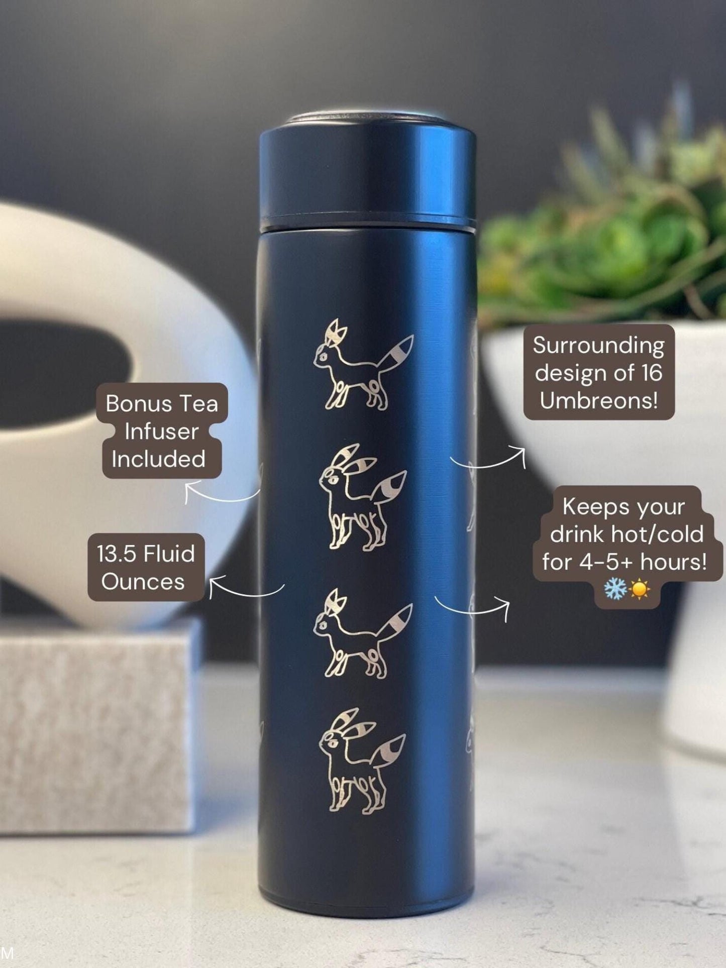 Umbreon coffee tumbler with tea infuser, umbreon espeon travel mug set, cute eevee evolution eeveelutions waterbottle thermos gift
