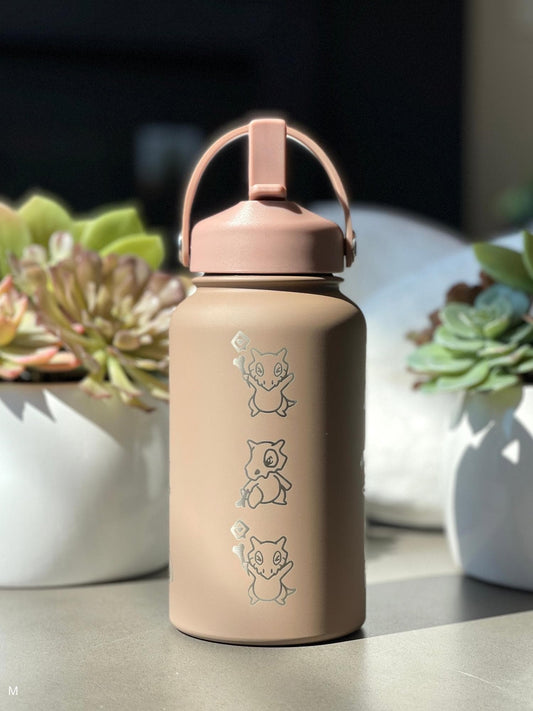 Cubone Marowak Waterbottle, Engraved Straw Coffee Tea Tumbler Travel Mug Water Bottle, Kanto Anime Fan Flask Drinkware Birthday Gift