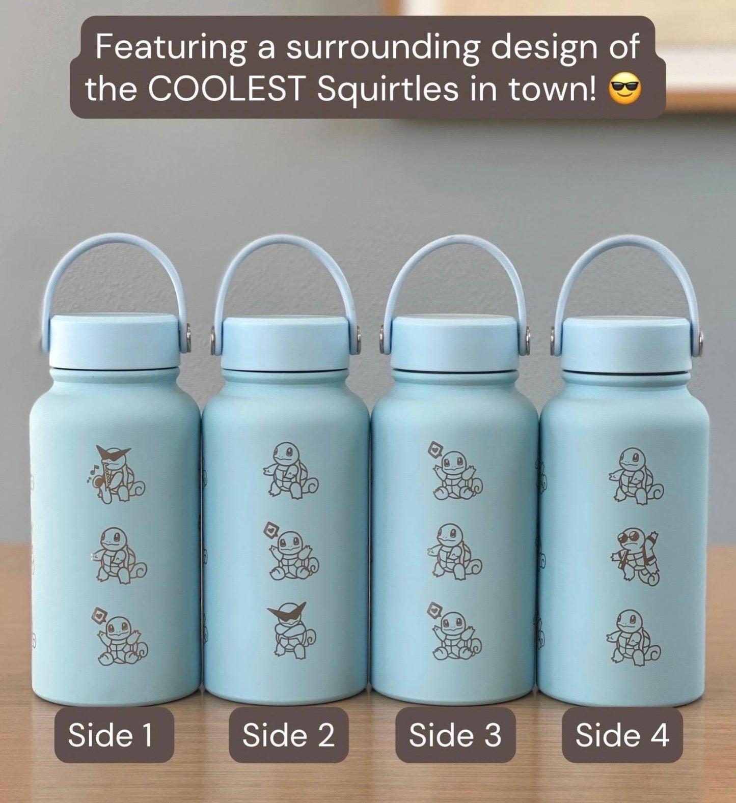 Squirtle Squad Water Bottle Engraved Coffee Tumbler with Sunglasses Saxophone Squirtle, Waterbottle Travel Mug Kanto Starter Birthday Gift