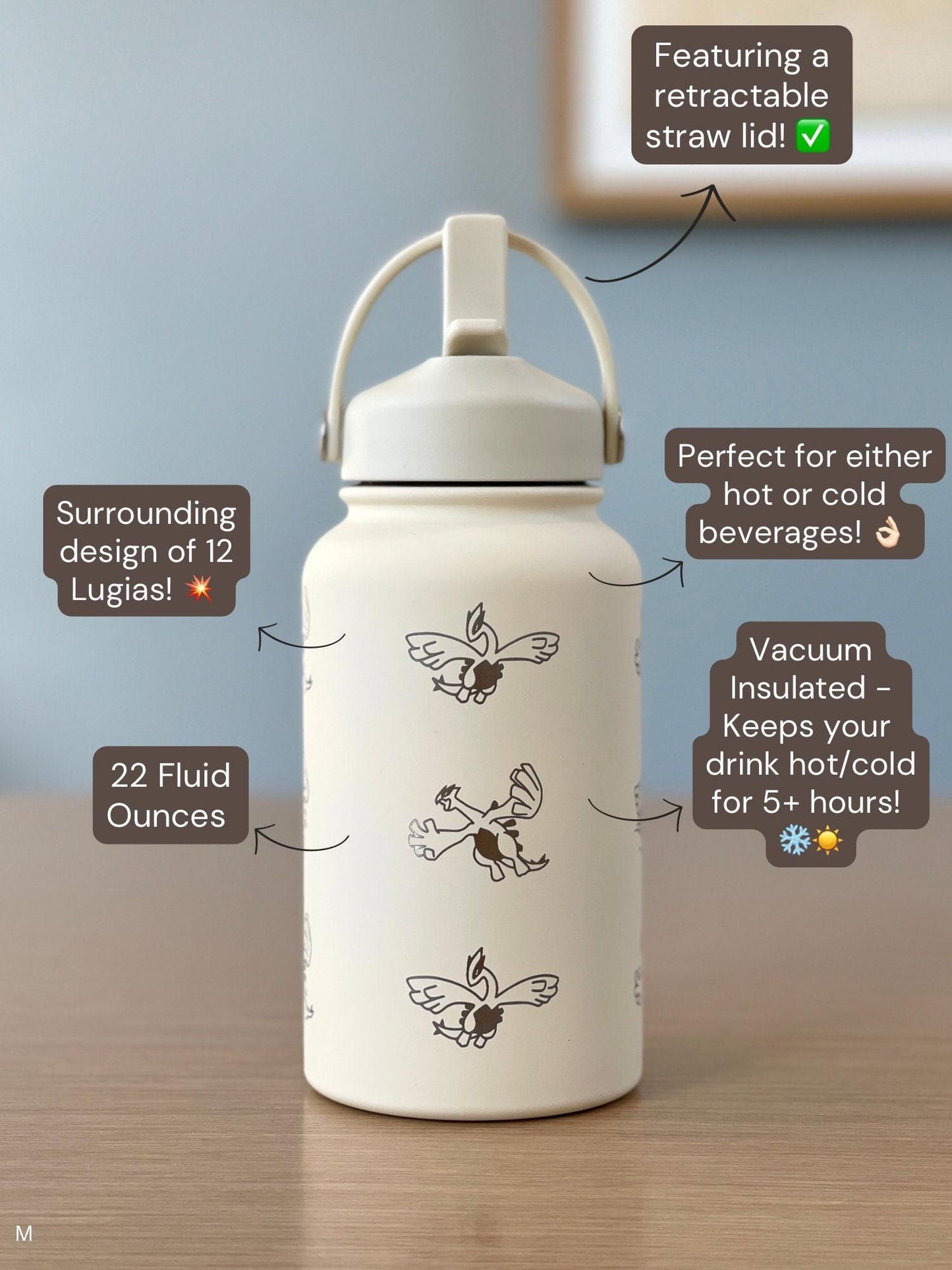 Lugia Engraved Straw Water Bottle, Aeroblast Move Johto Legendary Waterbottle Coffee Tumbler, Anime Fan Travel Mug Cup Birthay Gift