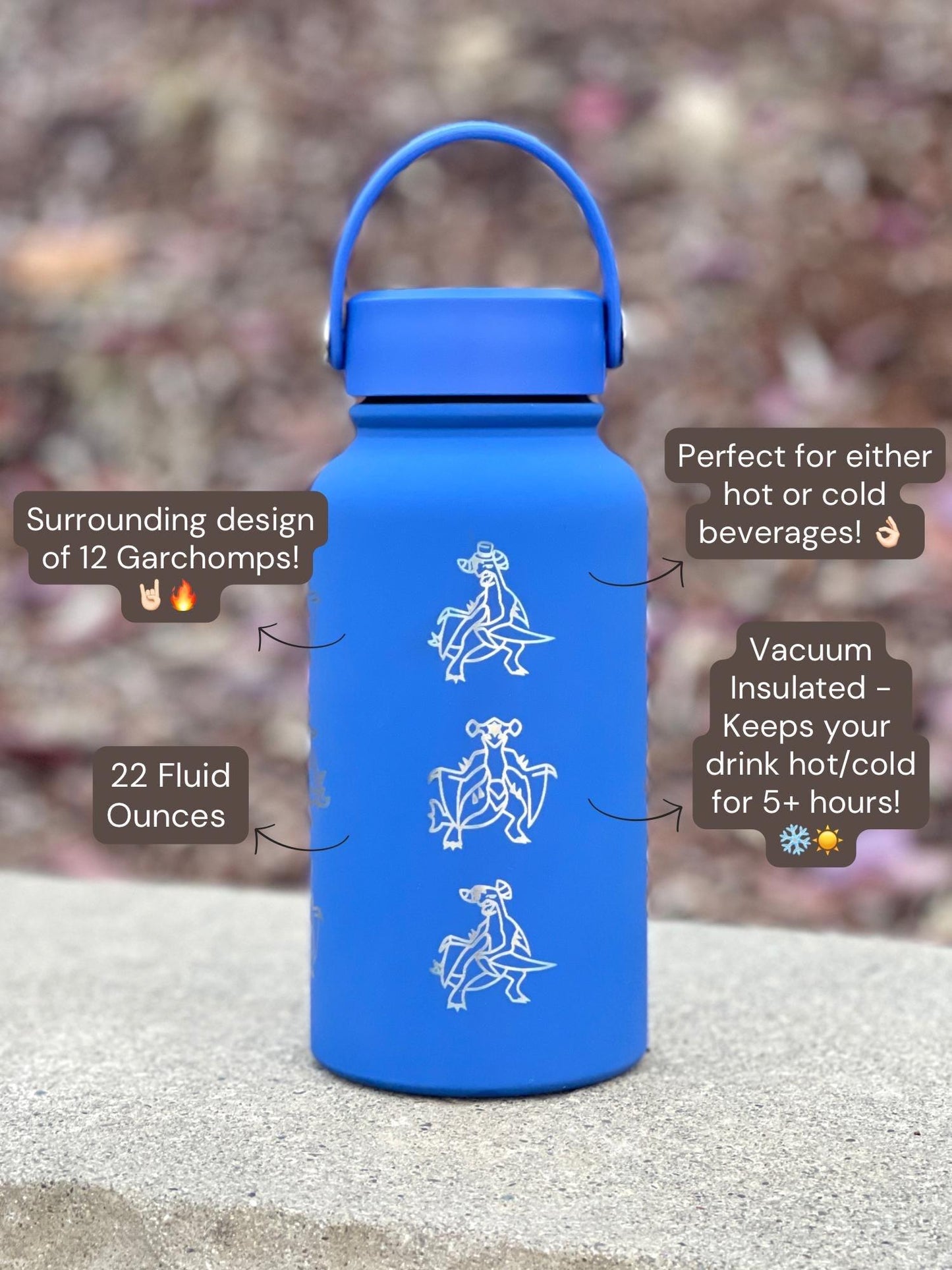 Garchomp Water Bottle Coffee Tumbler with Mega Garchomp & Unite Tuxedo Style Hat Waterbottle Travel Mug Flask, Gamer Birthday Gift