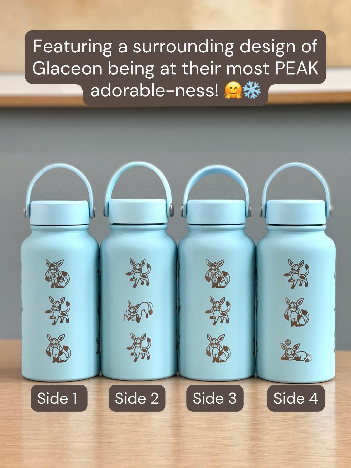 Glaceon Water Bottle Engraved Coffee Tumbler with Ice Beam Glaceon & Unite Costume Waterbottle, Eeveelution Anime Fan Anniversary Gift