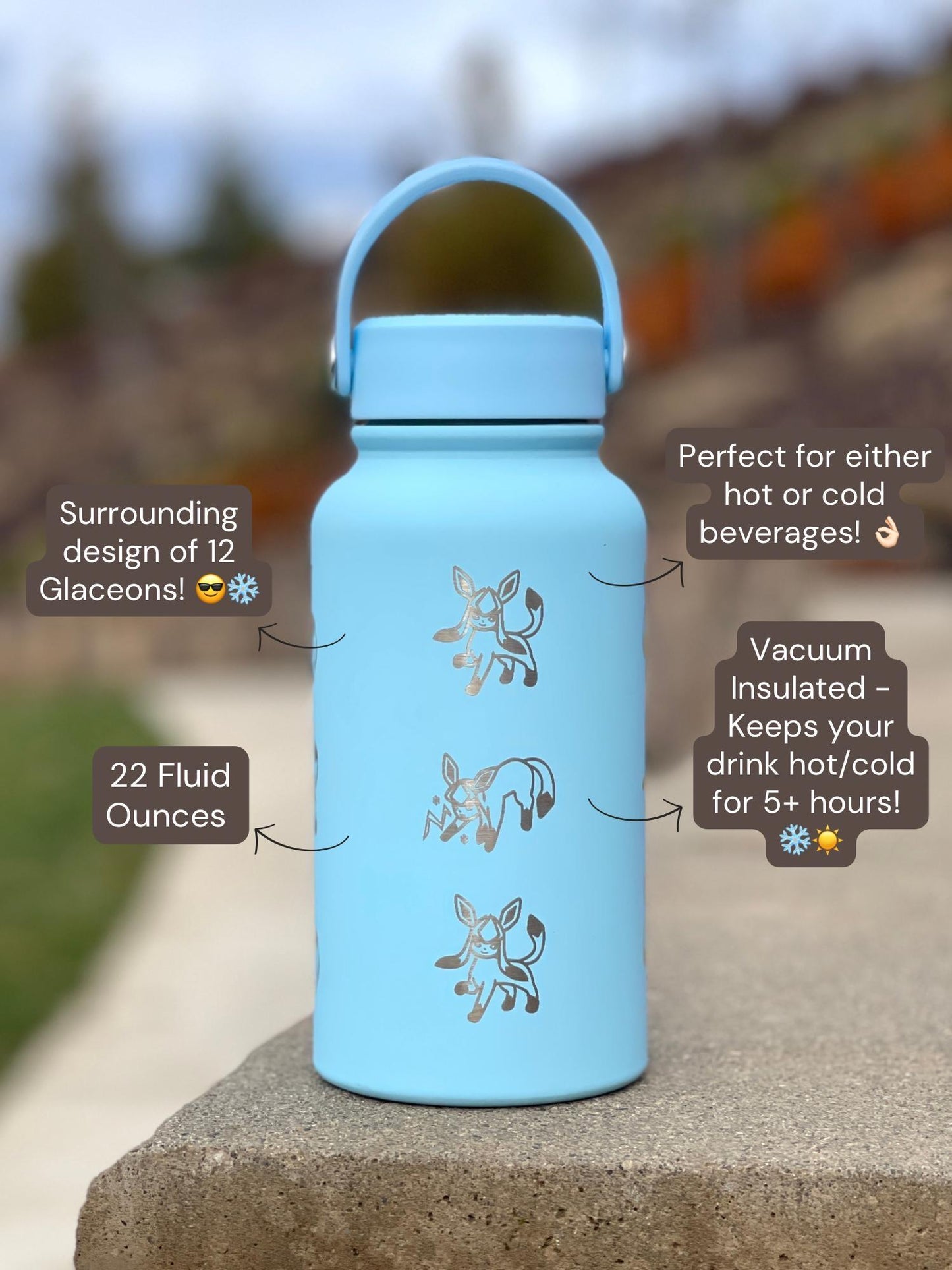 Glaceon Water Bottle Engraved Coffee Tumbler with Ice Beam Glaceon & Unite Costume Waterbottle, Eeveelution Anime Fan Anniversary Gift