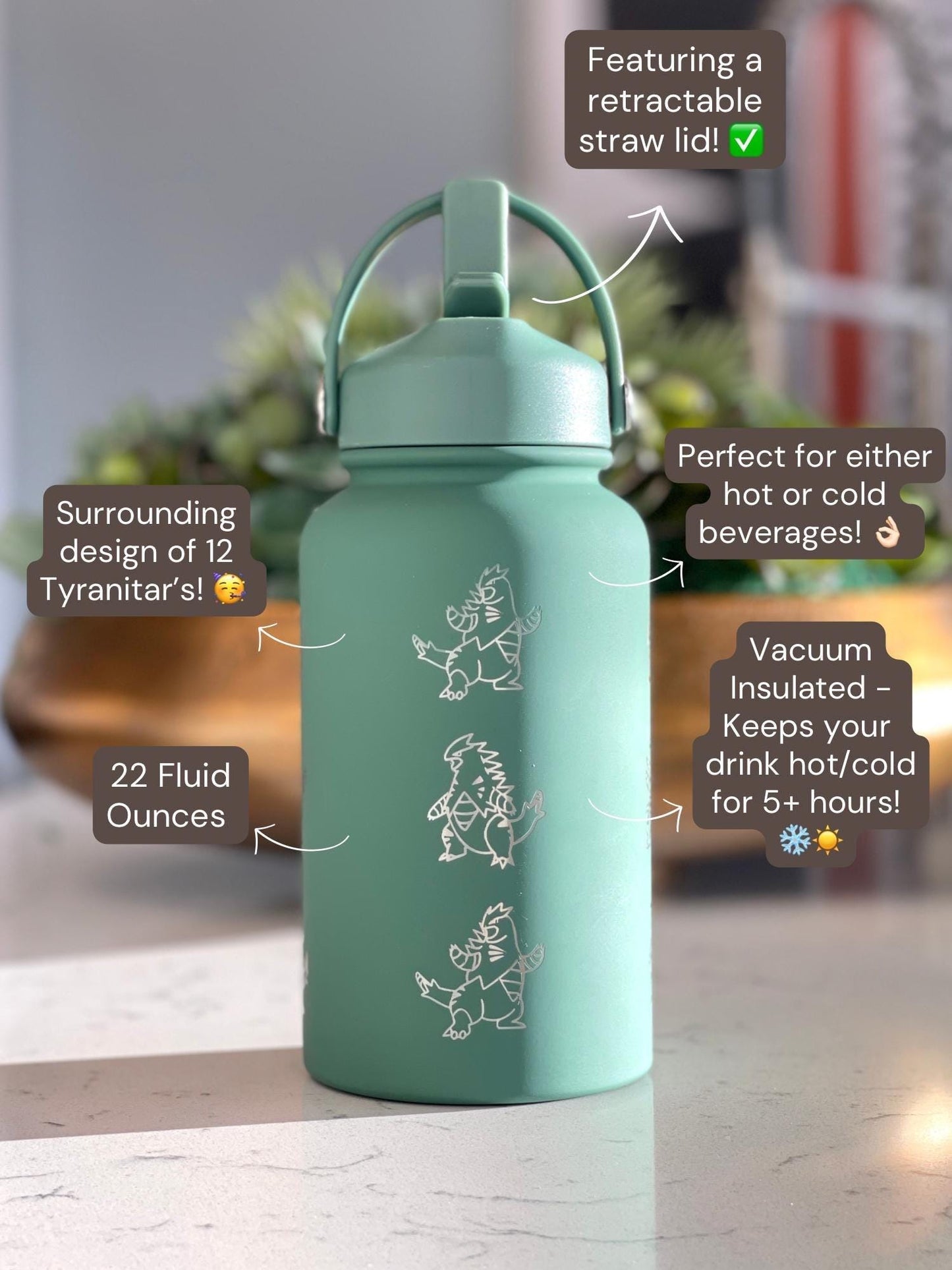 Tyranitar Water Bottle Engraved Coffee Tumbler with Mega Tyranitar & Iron Thorns, Paradox Anime Gamer Waterbottle Thermos Anniversary Gift