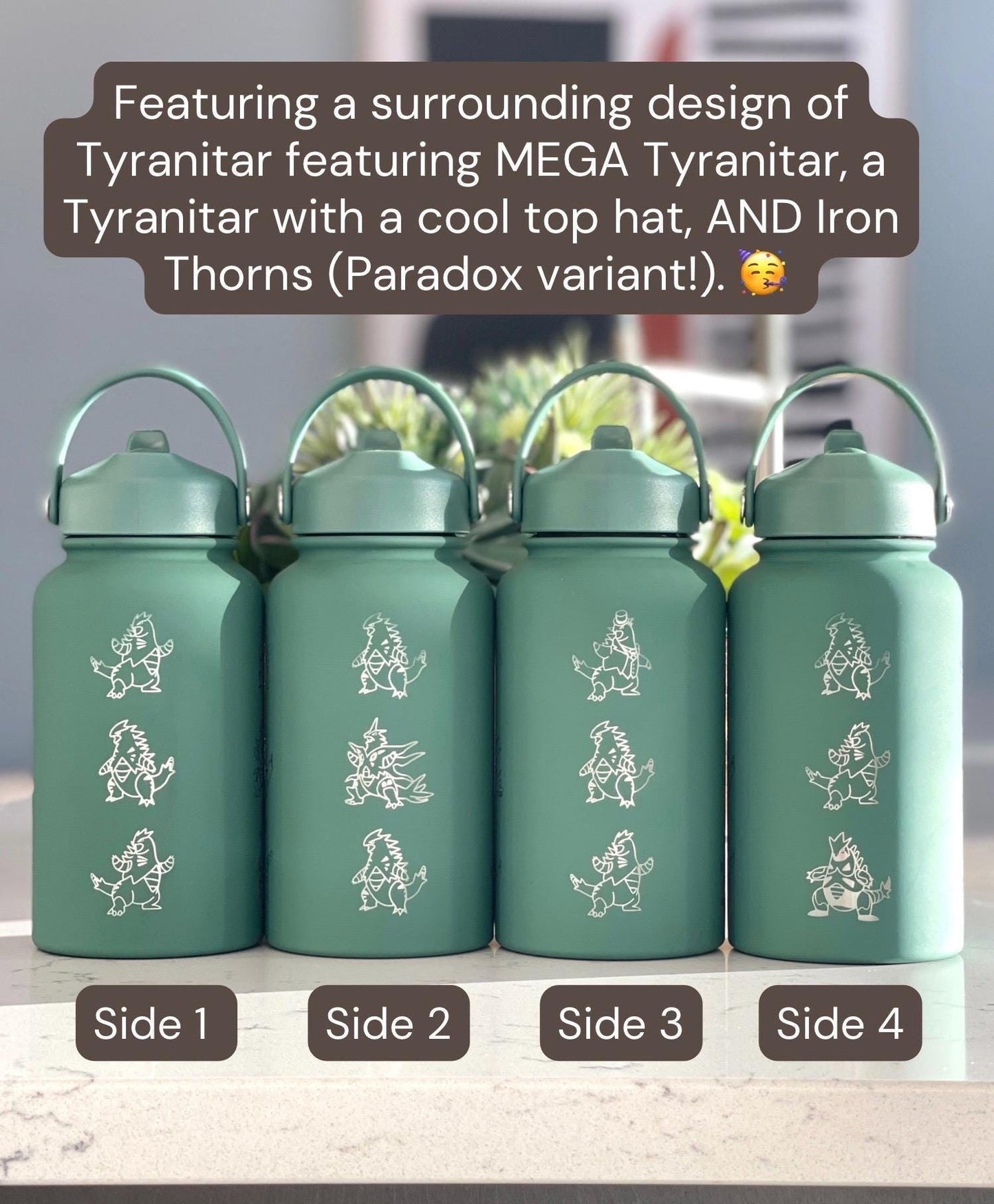 Tyranitar Water Bottle Engraved Coffee Tumbler with Mega Tyranitar & Iron Thorns, Paradox Anime Gamer Waterbottle Thermos Anniversary Gift