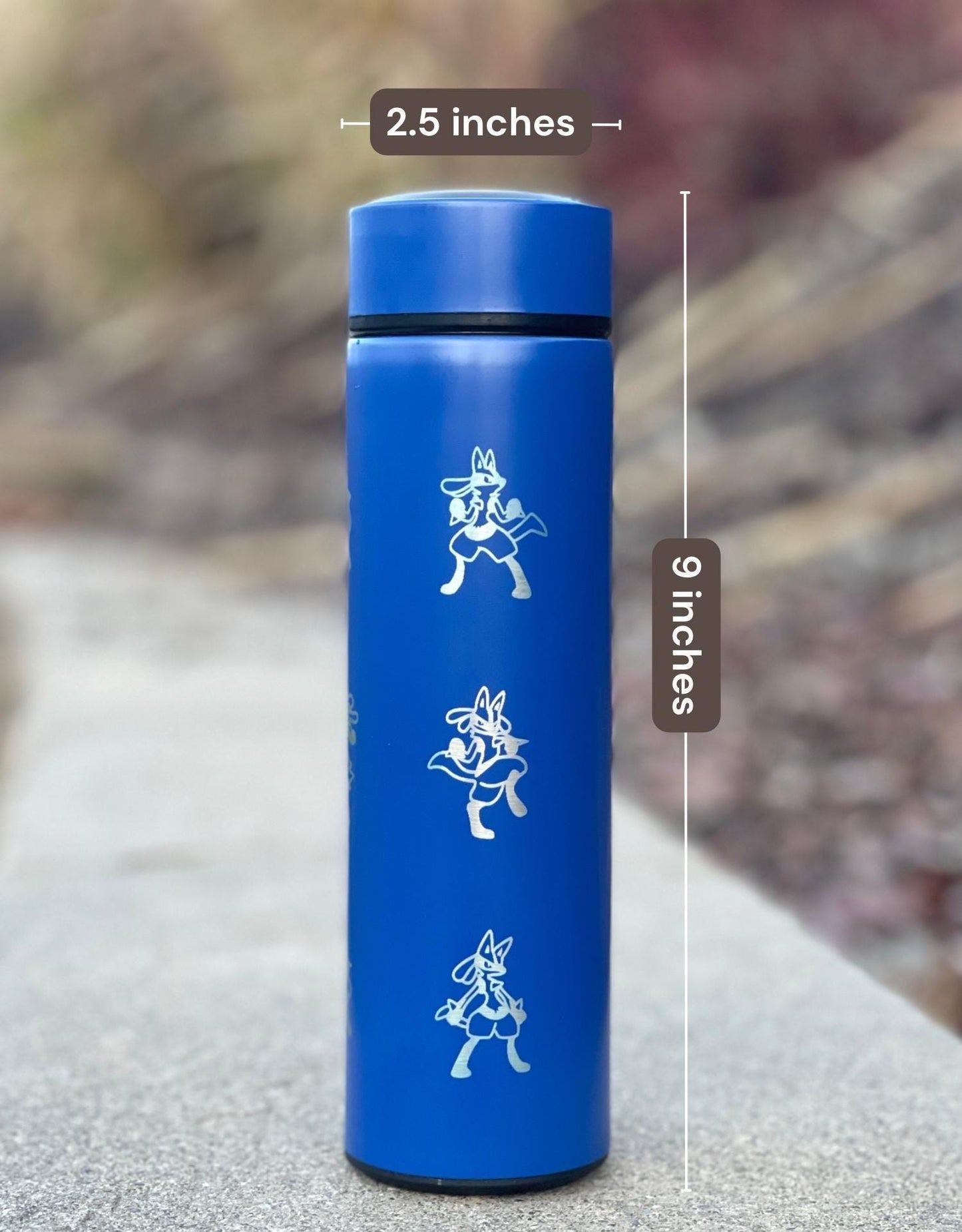 Lucario Coffee Tumbler Tea Infuser Waterbottle with Mega Lucario Aura Sphere, Engraved Water Bottle Thermos, Gamer Anniversary Birthday Gift