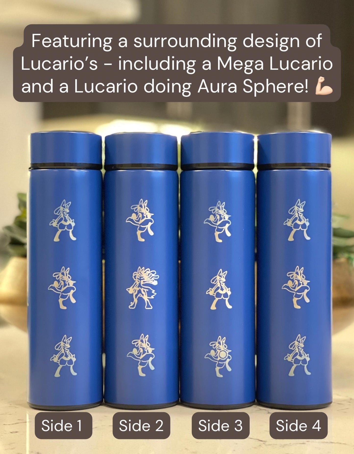 Lucario Coffee Tumbler Tea Infuser Waterbottle with Mega Lucario Aura Sphere, Engraved Water Bottle Thermos, Gamer Anniversary Birthday Gift