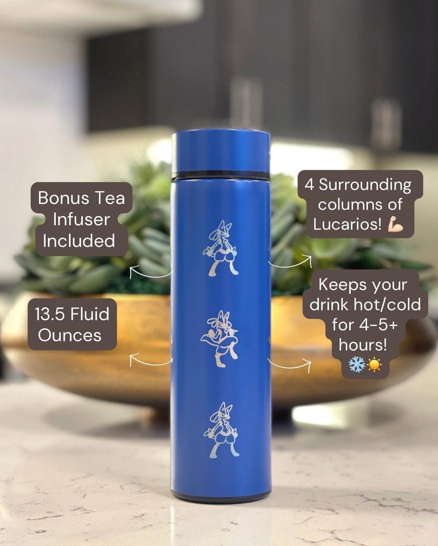 Lucario Coffee Tumbler Tea Infuser Waterbottle with Mega Lucario Aura Sphere, Engraved Water Bottle Thermos, Gamer Anniversary Birthday Gift