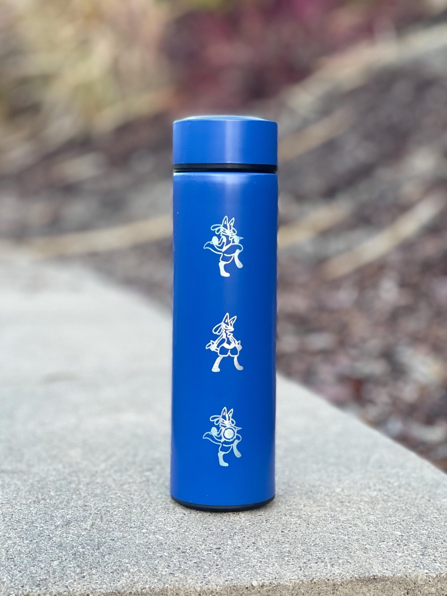 Lucario Coffee Tumbler Tea Infuser Waterbottle with Mega Lucario Aura Sphere, Engraved Water Bottle Thermos, Gamer Anniversary Birthday Gift